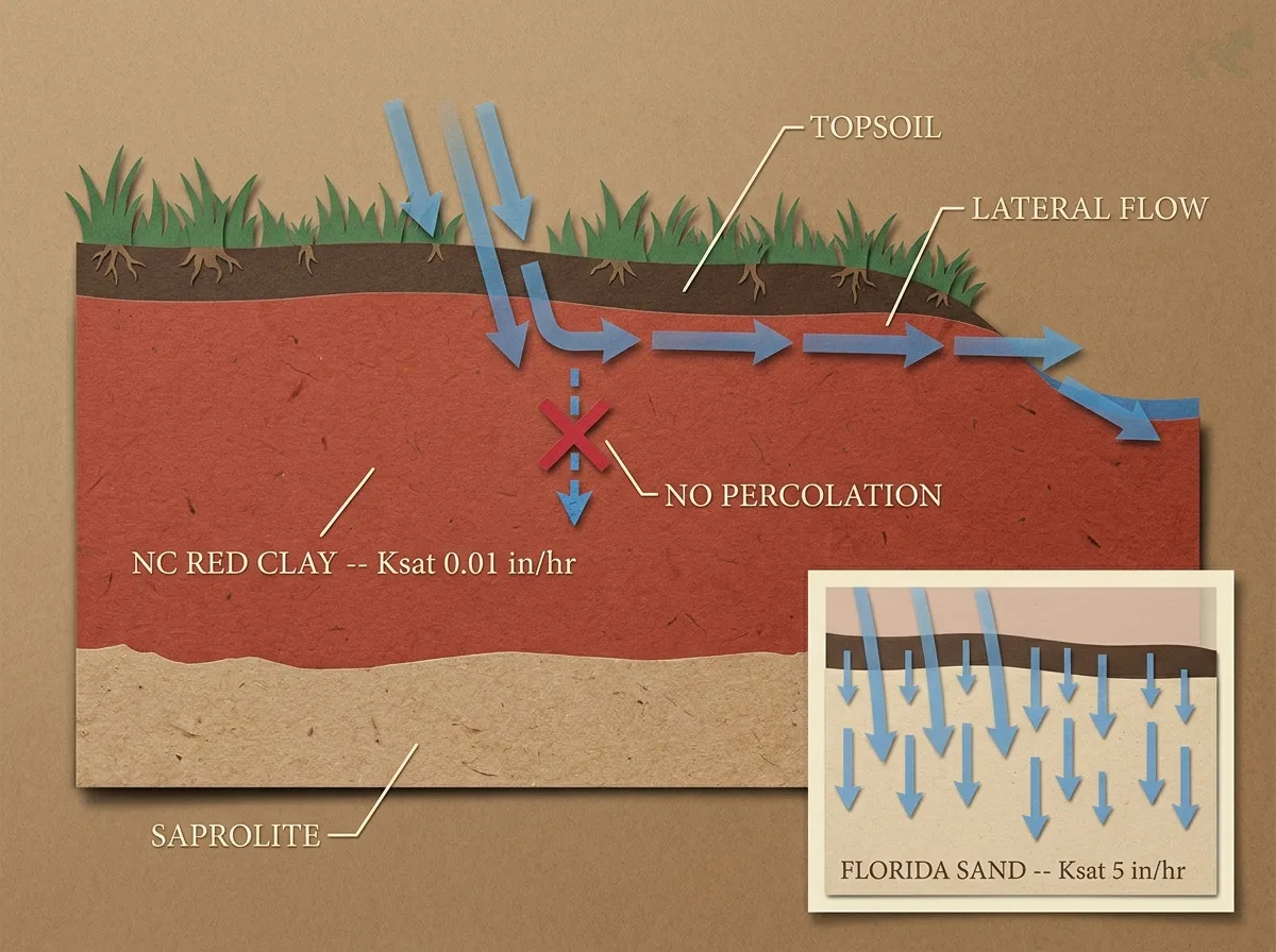 Layered papercraft cross-section of NC Piedmont soil: water arrows deflect 90 degrees at the red clay B-horizon and move laterally along the clay-sand interface -- no downward percolation -- with a Florida sand inset showing vertical flow by contrast