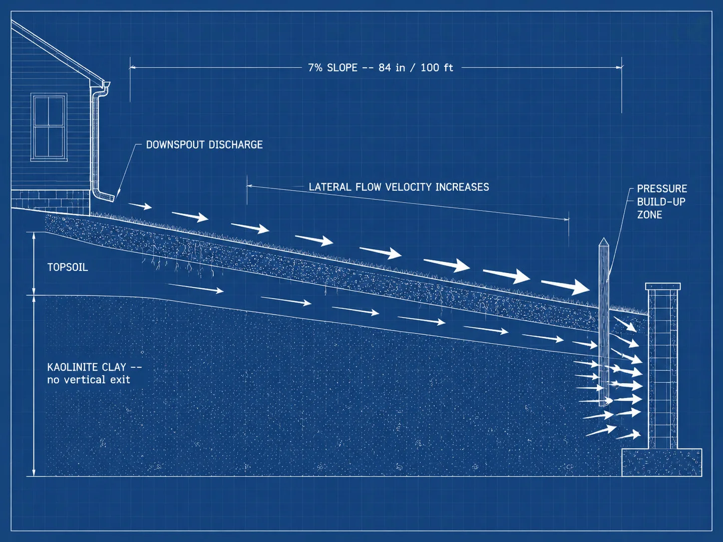 Technical blueprint cross-section of a NC Piedmont residential lot at 7 percent slope: downspout discharge at the upper left, lateral flow velocity increasing as water moves downhill over kaolinite clay, pressure building up against a fence and foundation at the lower right