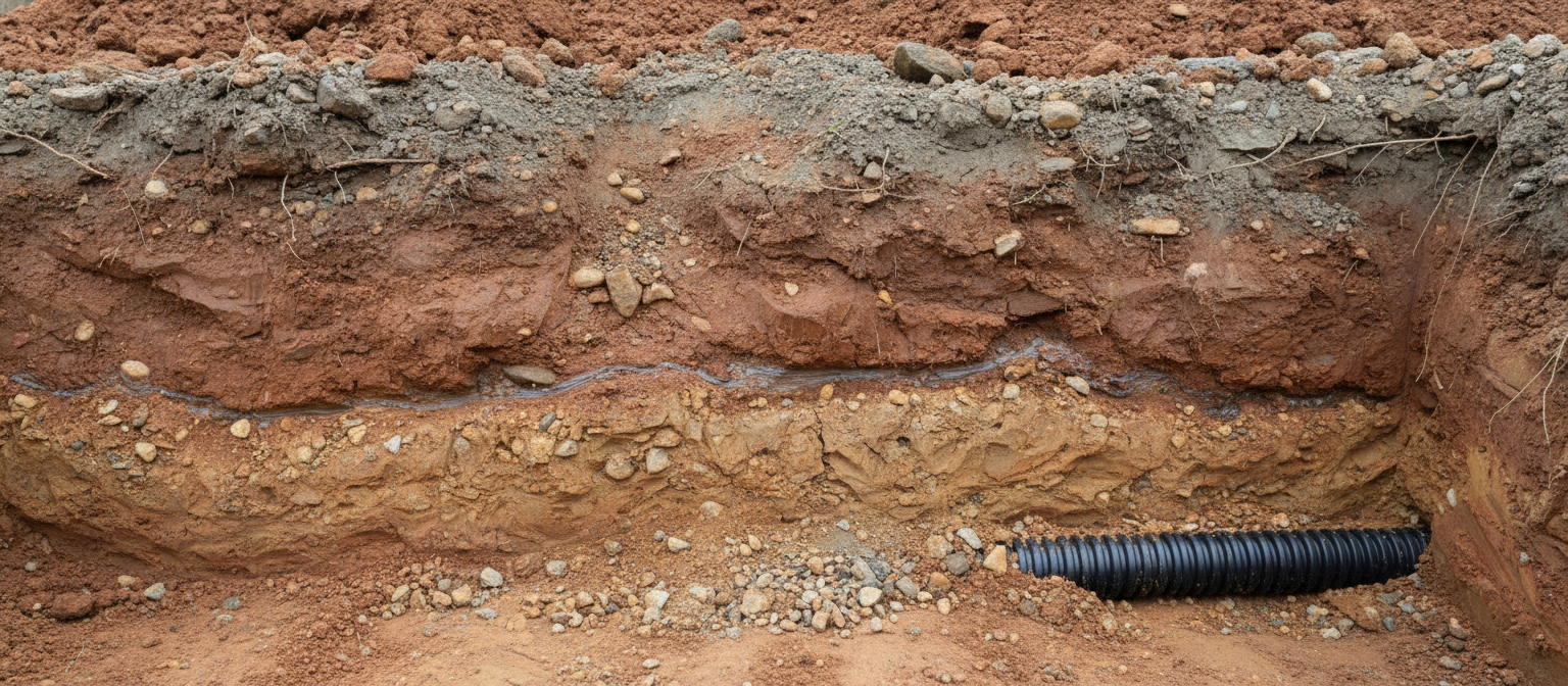 NC red clay excavation pit with drain pipe at saprolite soil horizon boundary