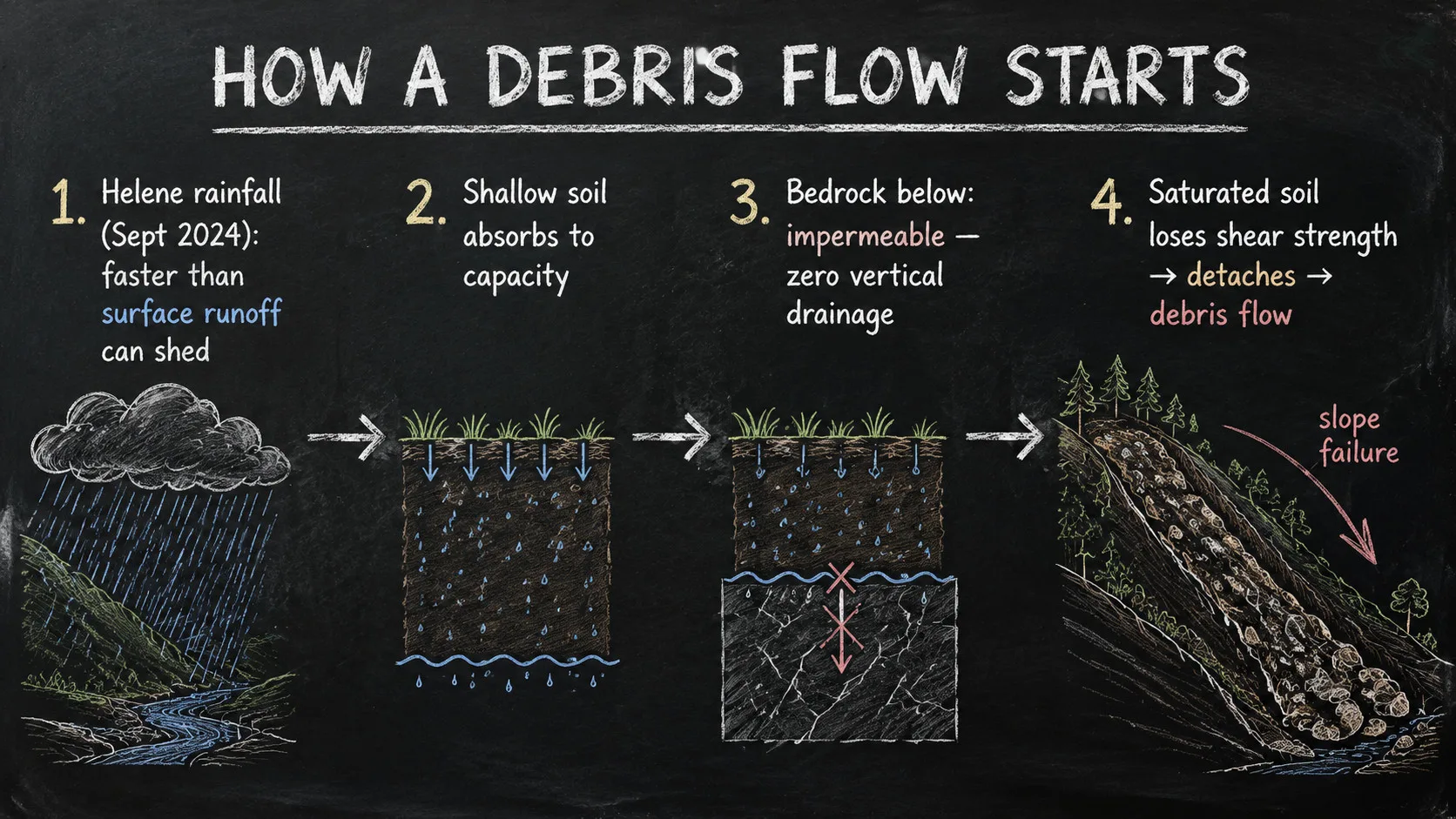 Chalkboard diagram of the four-step Helene debris-flow sequence: heavy rainfall, shallow soil saturation, impermeable bedrock, shear-strength loss and slope failure