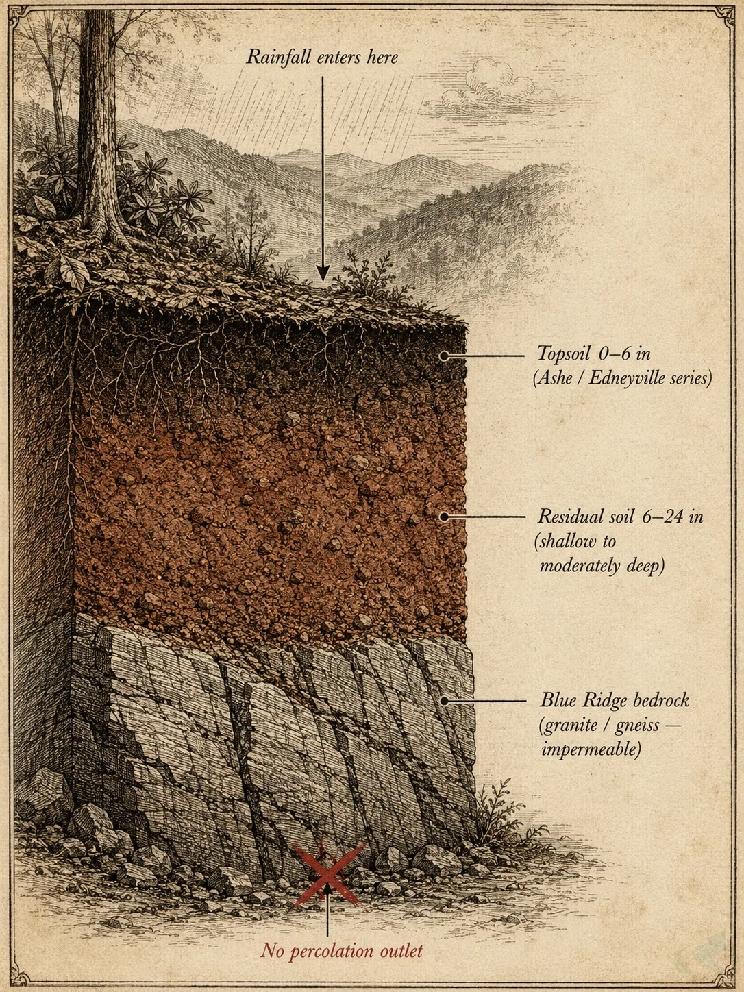 Field-guide cross-section diagram of western NC mountain soil: thin topsoil over shallow residual soil over impermeable granite bedrock, showing why water cannot drain vertically