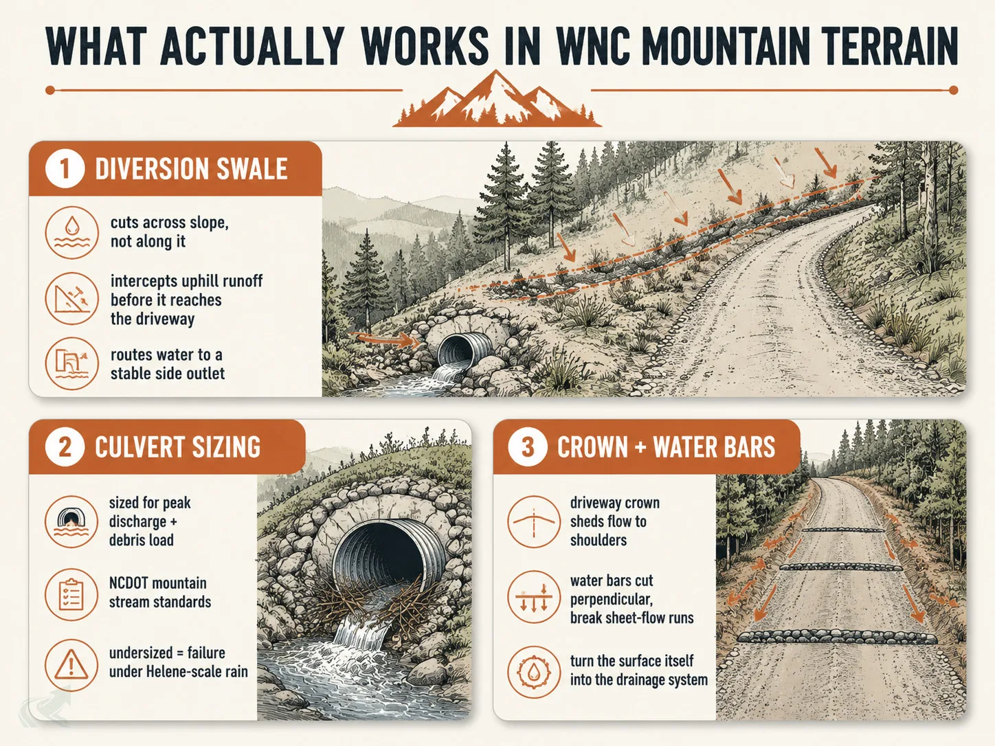 Bento-grid infographic showing the three surface drainage tools that work in WNC mountain terrain: diversion swale, correctly sized culvert, and driveway crown with water bars