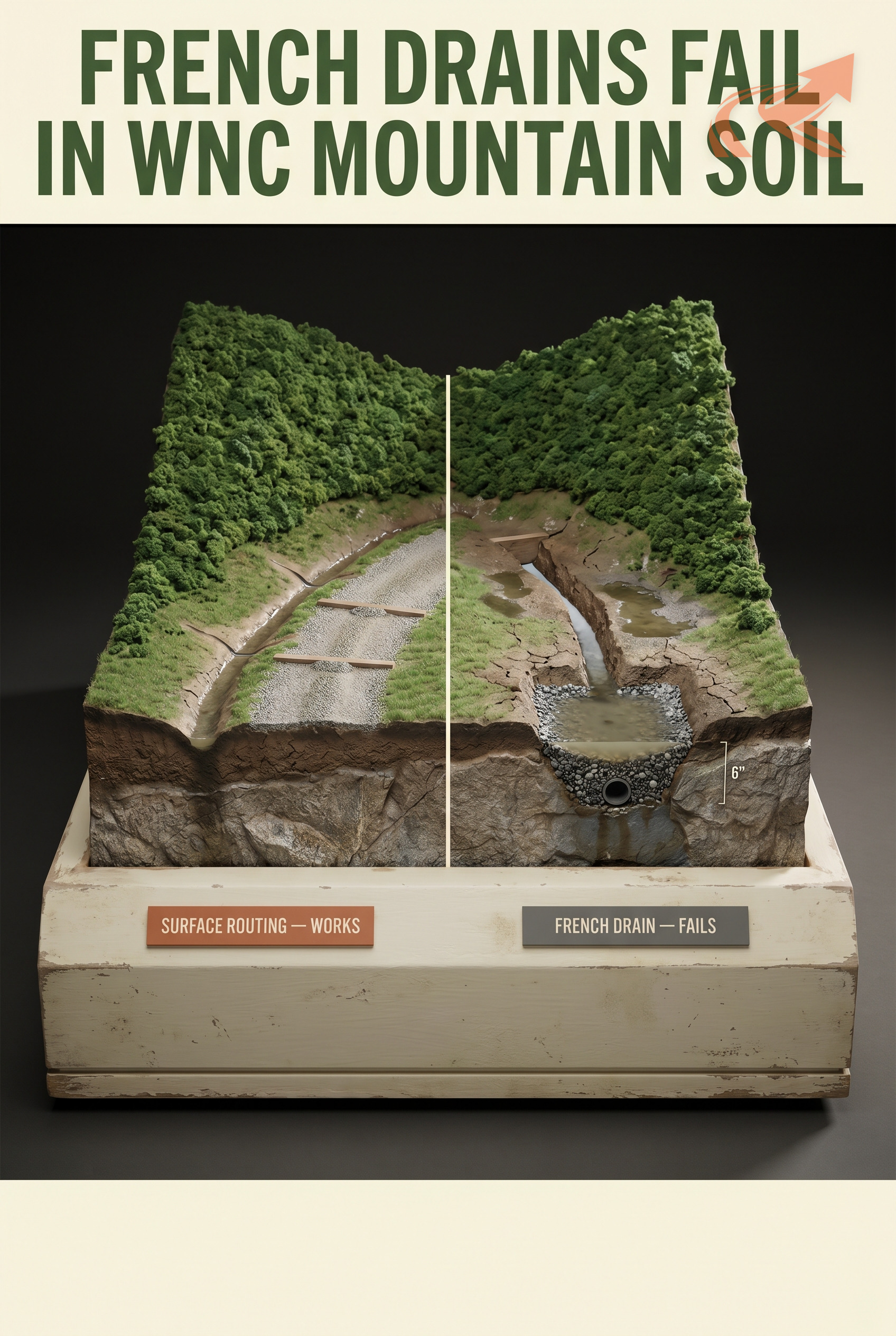 WNC Mountain Drainage: Shallow Soil, Rock, and Helene - NC Grade and Haul infographic.