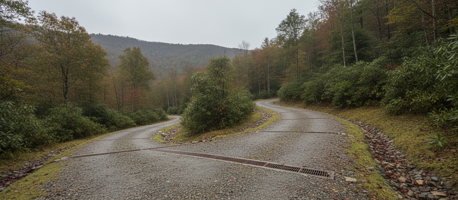 WNC mountain gravel road through hardwood forest after Helene rainfall