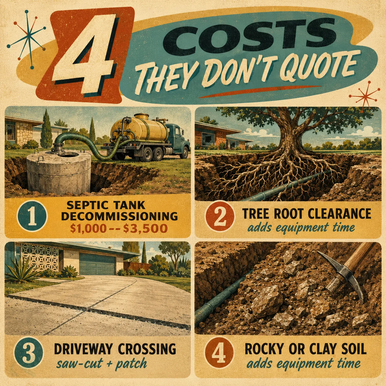 1950s-style illustrated grid of four hidden costs in a septic-to-sewer conversion: septic tank decommissioning ($1,000--$3,500), tree root clearance, driveway crossing saw-cut and patch, and rocky or compacted Piedmont clay soil