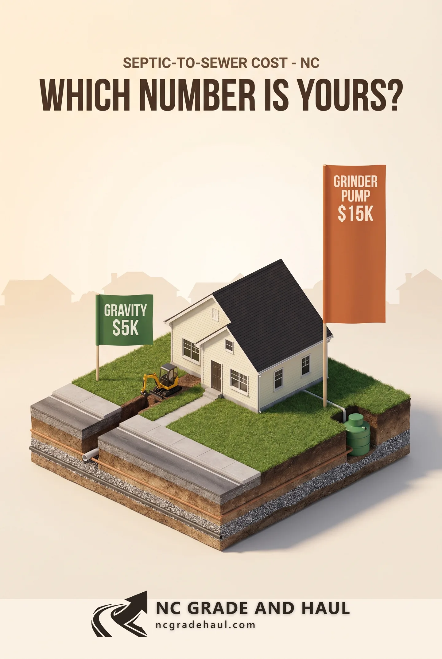 NC septic-to-sewer conversion cost: one invisible variable -- whether your home sits above or below the sewer main -- splits a gravity connection (about $5,000) from a grinder pump system (about $15,000). Walk your lot and check whether the road sits higher than your foundation, then verify any contractor's license, permits, OSHA, and workers' comp against the public record before you sign.