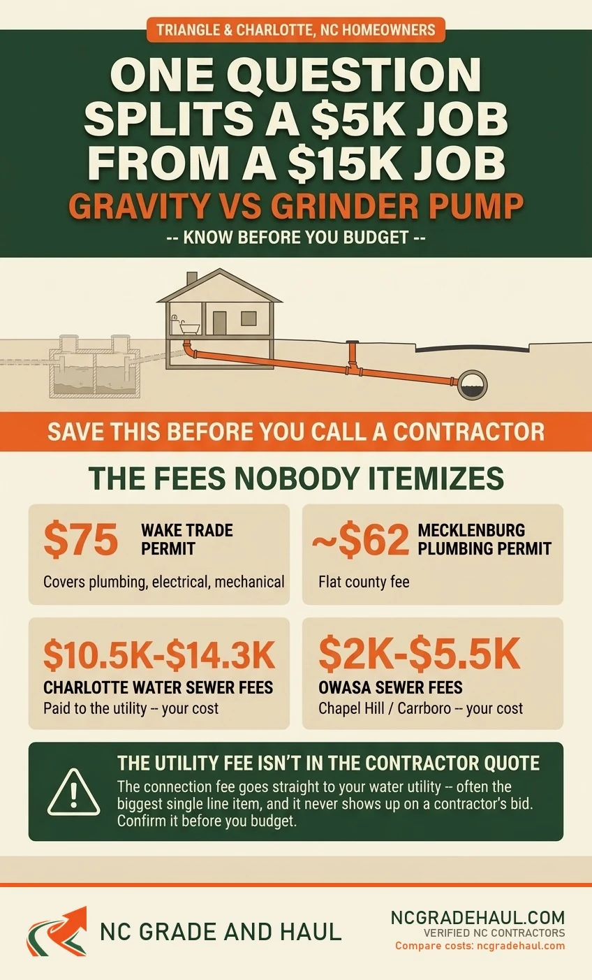 NC septic-to-sewer conversion cost infographic: gravity vs grinder pump splits a $5K job from a $15K job; the fees nobody itemizes -- Wake trade permit $75, Mecklenburg plumbing permit about $62, Charlotte Water sewer fees $10.5K-$14.3K, OWASA sewer fees $2K-$5.5K.