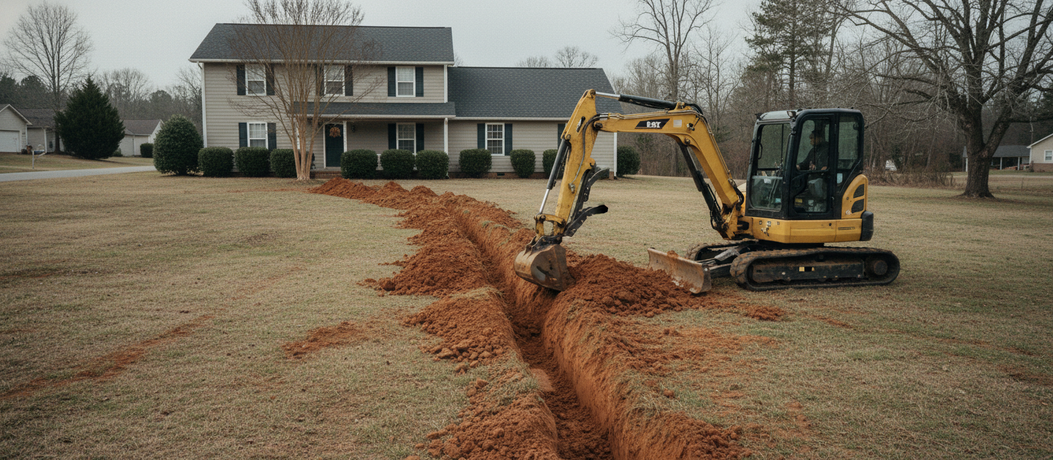 NC septic to sewer cost -- mini excavator digging lateral trench across front yard