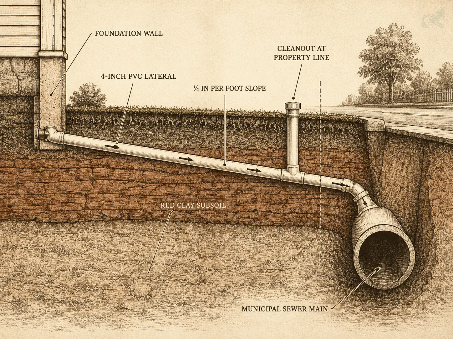 Vintage field-guide cross-section of a septic-to-sewer lateral: 4-inch PVC pipe exits the foundation wall, slopes at 1/4 inch per foot through red clay subsoil, rises to a cleanout at the property line, and ties into the municipal sewer main below the street