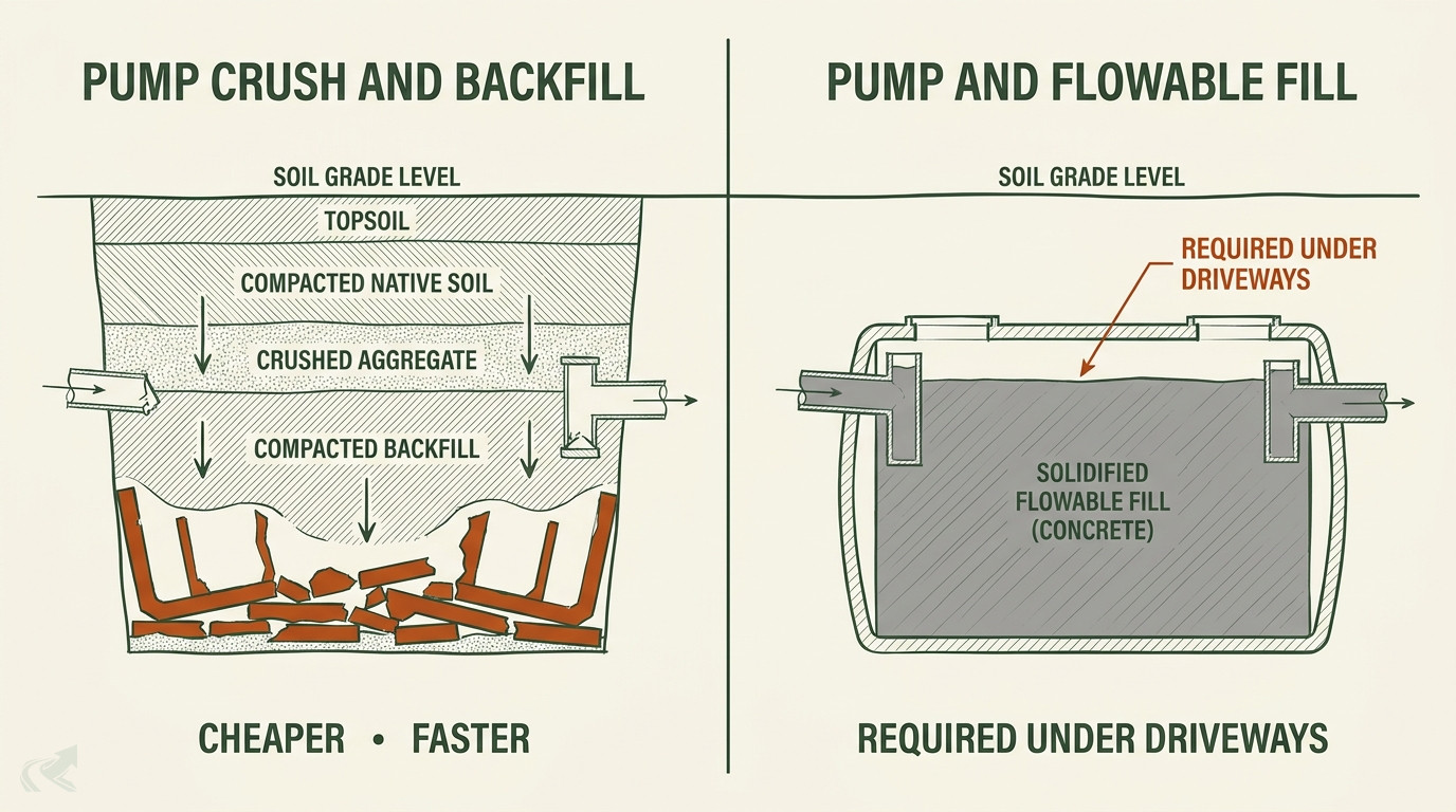 Two cross-section diagrams of NC septic tank abandonment methods: left panel shows pump, crush, and backfill method with collapsed tank walls and compacted backfill layers labeled Cheaper Faster; right panel shows pump and flowable fill method with intact tank shell filled with solidified concrete labeled Required Under Driveways