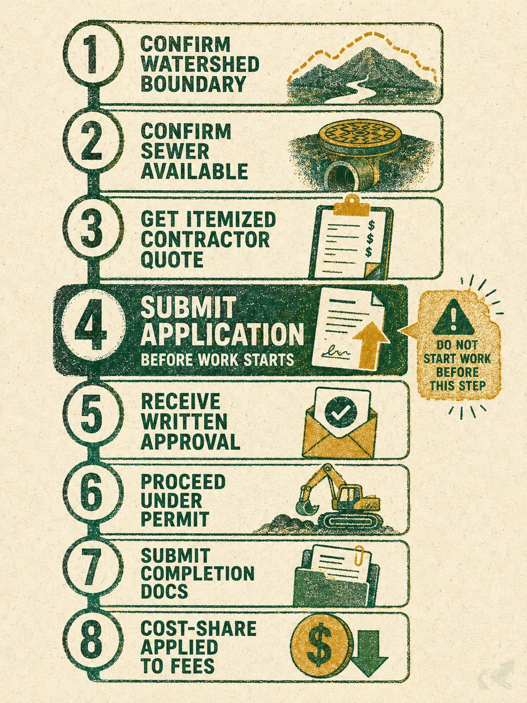 Risograph-style 8-step vertical sequence for Durham cost-share application: from confirming watershed boundary through receiving cost-share credit. Step 4 -- Submit Application Before Work Starts -- is visually emphasized as the critical gate.