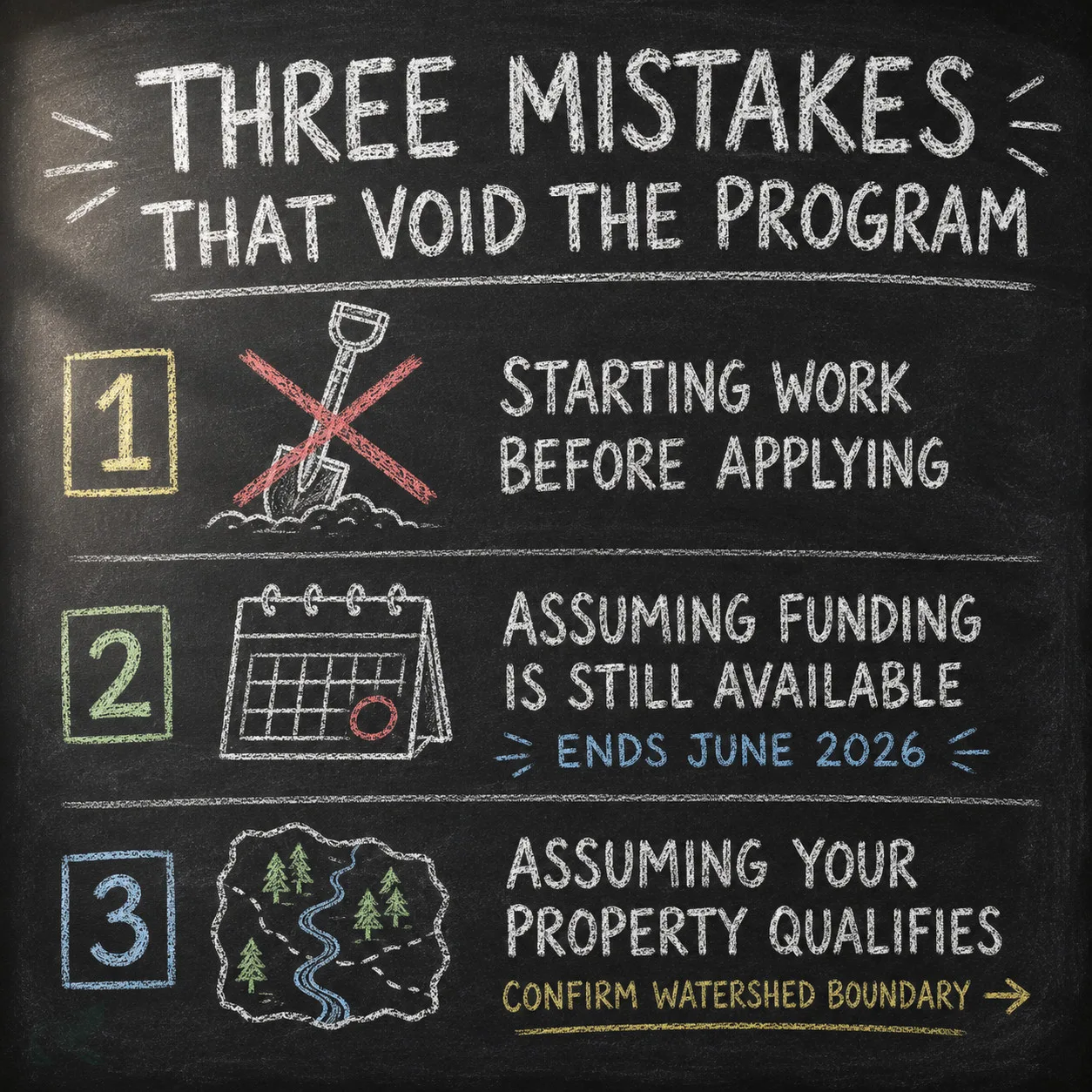 Chalkboard diagram listing three mistakes that void Durham's cost-share program: (1) starting work before applying, (2) assuming funding is still available -- ends June 2026, and (3) assuming the property qualifies without confirming the watershed boundary.