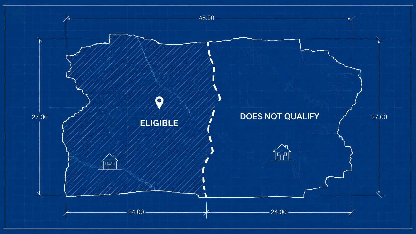 Blueprint-style split map showing the Northeast Creek watershed boundary: left zone labeled ELIGIBLE, right zone labeled DOES NOT QUALIFY -- illustrating that property location, not income, is the eligibility gate for Durham's cost-share program.
