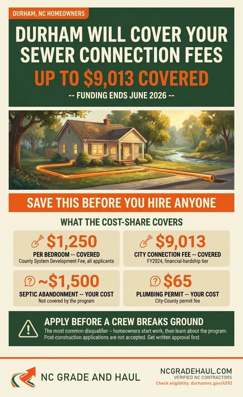 Durham Northeast Creek cost-share infographic: what the cost-share covers -- County System Development Fee $1,250 per bedroom and the FY2024 City Sewer Connection Fee $9,013 covered; septic abandonment about $1,500 and the $65 plumbing permit remain the homeowner's cost. Funding ends June 2026.