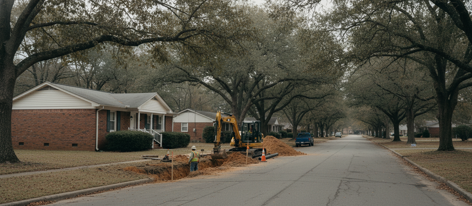 NC Durham cost-share sewer connection project underway at a suburban residential property