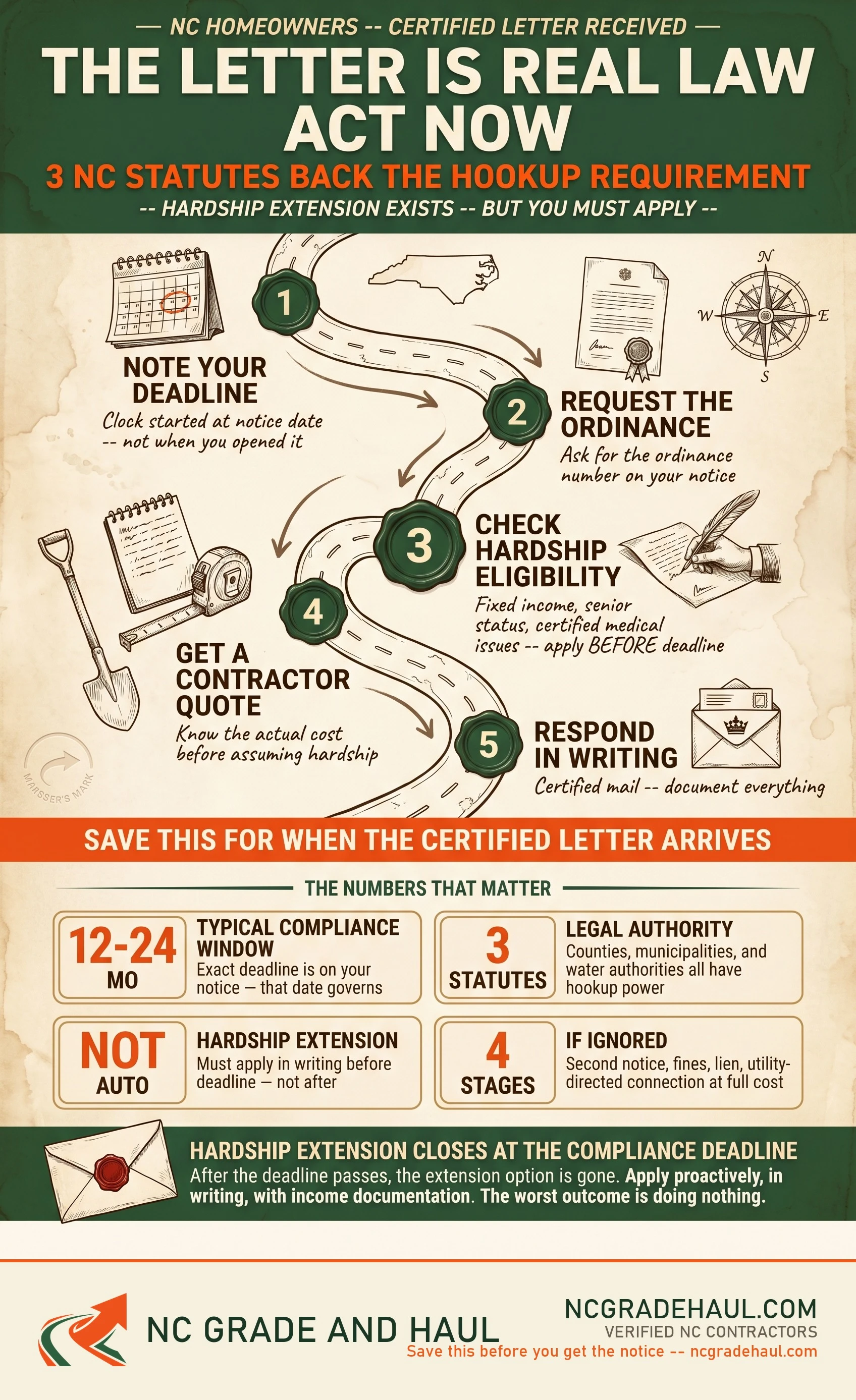 Can NC force you to connect to sewer - NC Grade and Haul infographic.