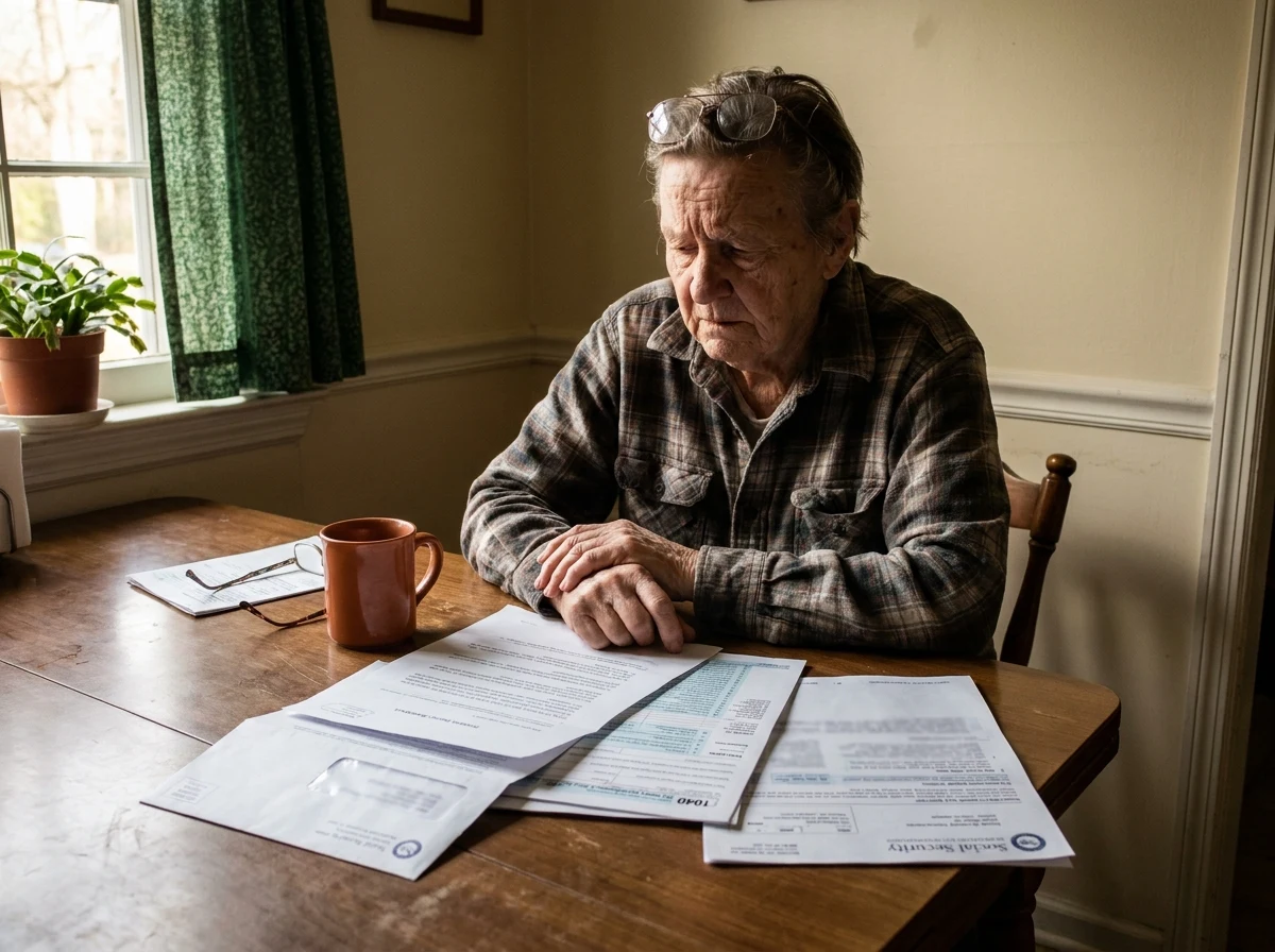 An older homeowner seated at a kitchen table reviewing a sewer connection notice alongside tax return and Social Security documents, warm indoor window light.