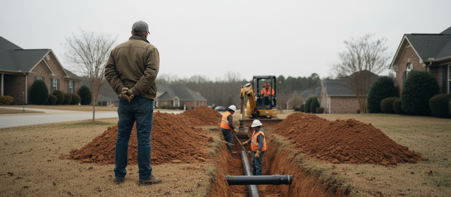 NC forced hookup crew digging mandatory sewer trench across residential front yard