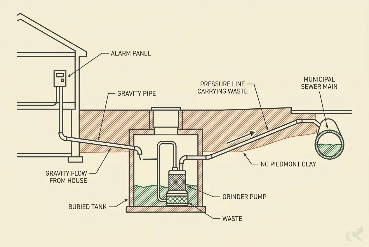 Cross-section diagram of a residential grinder pump system showing gravity flow from the house into a buried holding tank, the grinder pump inside, a pressure line running uphill to the municipal sewer main, and the alarm panel on the house wall.