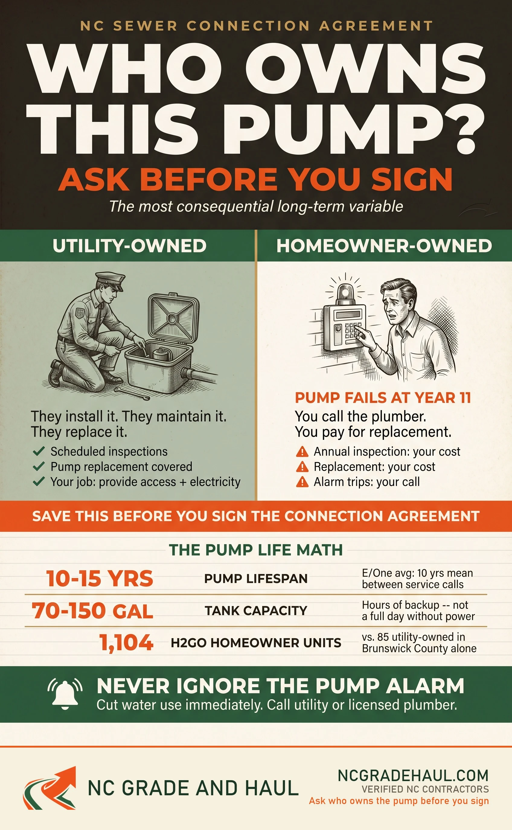 Do I need a grinder pump for sewer conversion - NC Grade and Haul infographic.