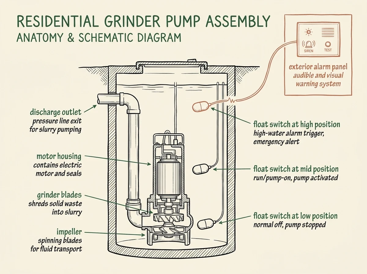 Labeled anatomy schematic of a residential grinder pump assembly showing the impeller, grinder blades, three float switch positions (normal off, run/pump-on, high-water alarm trigger), motor housing, discharge outlet, and alarm panel connection with terracotta wire running to the exterior panel.