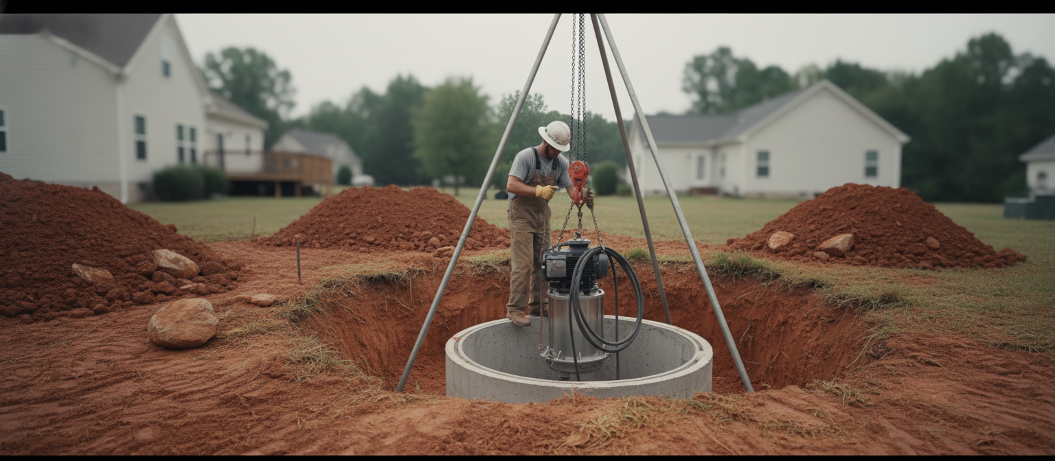 NC grinder pump septic sewer install -- worker lowering pump assembly into basin chamber
