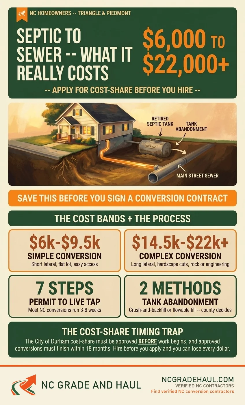 NC Grade and Haul infographic: Septic-to-sewer conversion in NC -- what it really costs. A simple conversion runs $6,000 to $9,500; a complex one $14,500 to $22,000 or more. The standard process is seven steps from permit to live tap, and most NC conversions run 3 to 6 weeks. There are two legal tank-abandonment methods -- crush-and-backfill or flowable fill -- and the county decides which applies. The City of Durham cost-share must be approved before work begins, with conversions completed within 18 months.