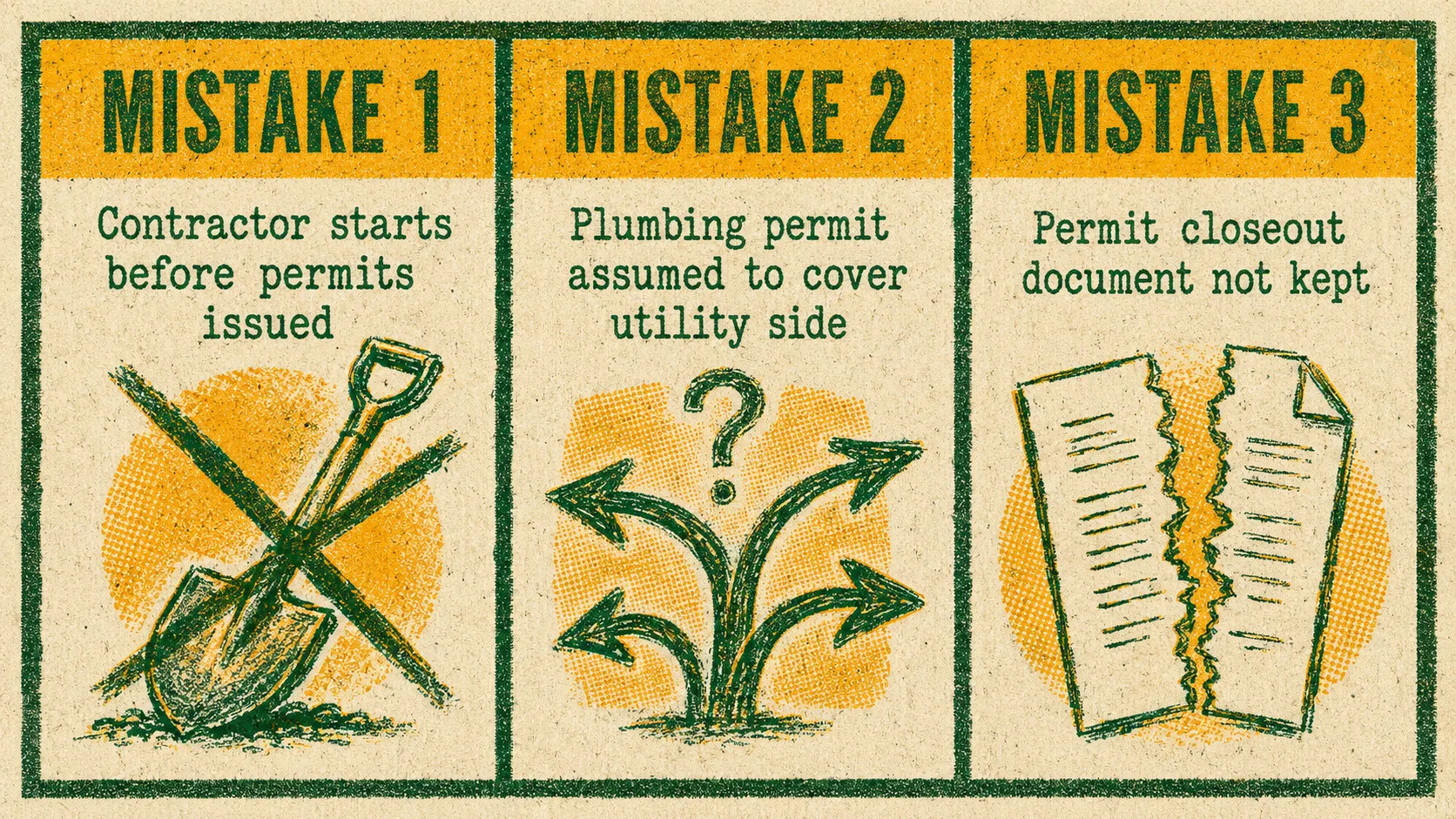 Risograph-style three-panel illustration naming the three most common NC sewer permit mistakes: starting without permits, confusing the two permit types, and losing the closeout document