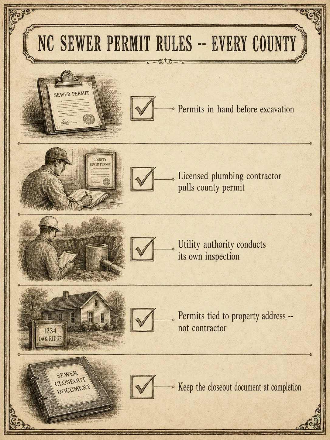 Vintage engraving-style checklist of five universal NC sewer permit rules that apply in every county regardless of which authority issues the permit