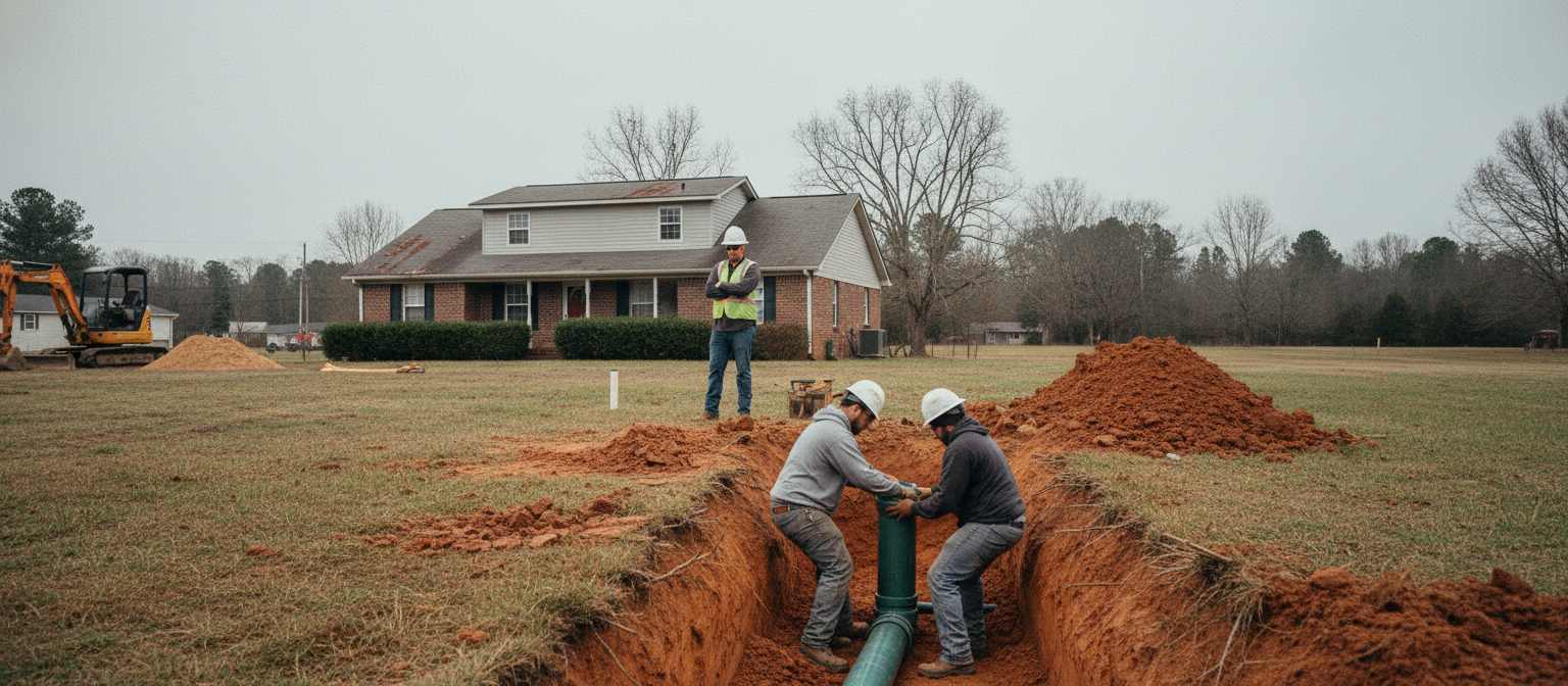 NC sewer permit inspection -- county inspector observing lateral connection work in yard