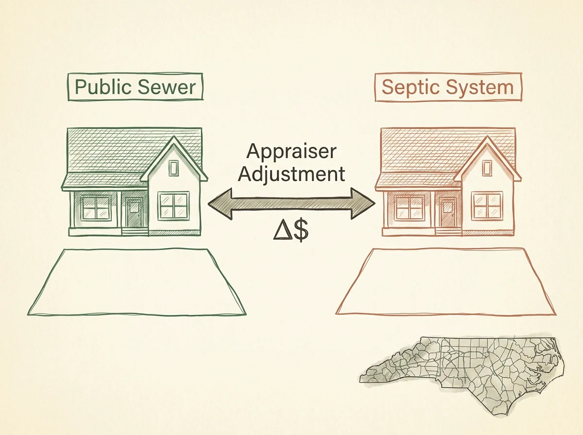 Hand-drawn schematic showing two comparable homes side by side -- one labeled Public Sewer in green, one labeled Septic System in terracotta -- with an Appraiser Adjustment arrow and delta-dollar symbol between them, plus an NC county map inset