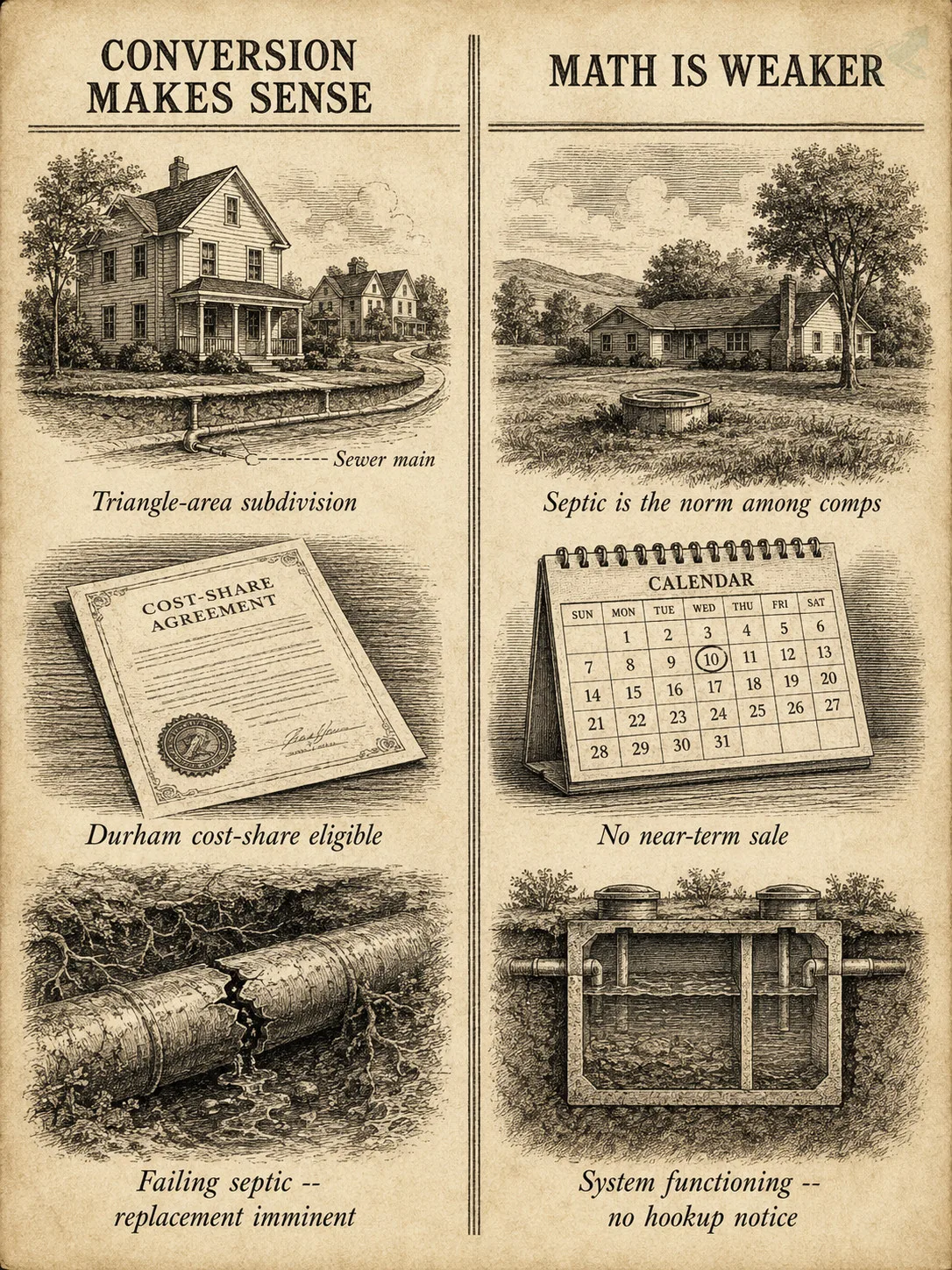 Field-guide engraving comparing when NC sewer conversion makes financial sense -- Triangle-area sale, Durham cost-share, failing septic -- versus when the math is weaker -- rural market, no sale planned, functioning septic system