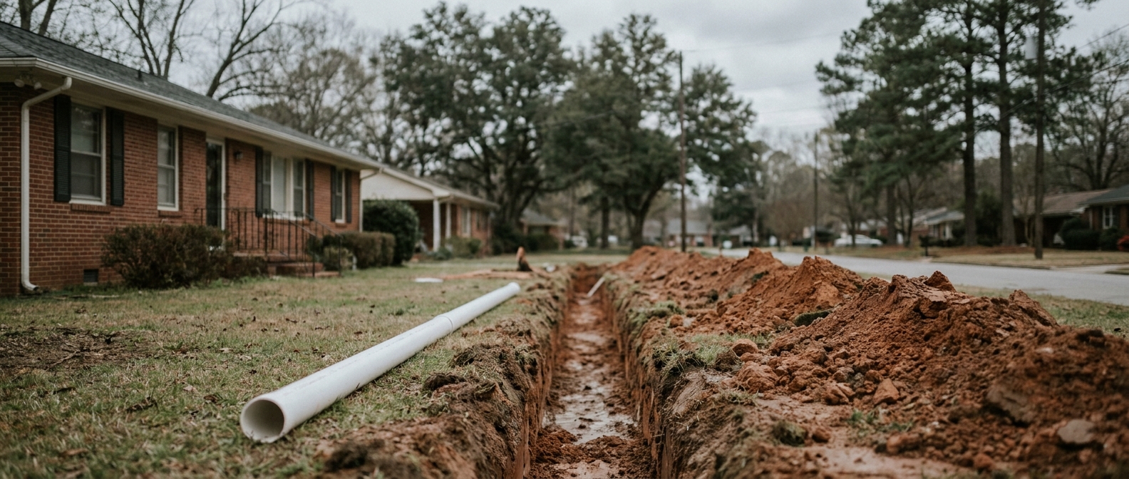 NC septic-to-sewer trench through red clay toward the street main