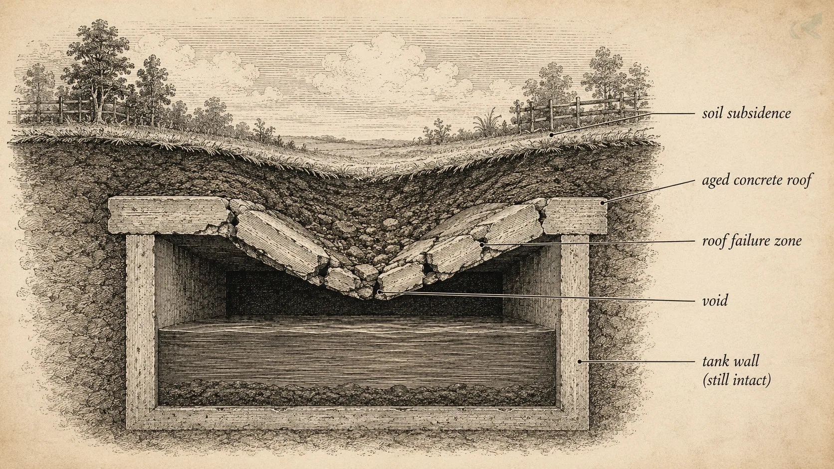 Cross-section field-guide illustration of a buried septic tank roof cracking and collapsing inward, creating a void and surface subsidence, with labeled failure zones in vintage engraving style.