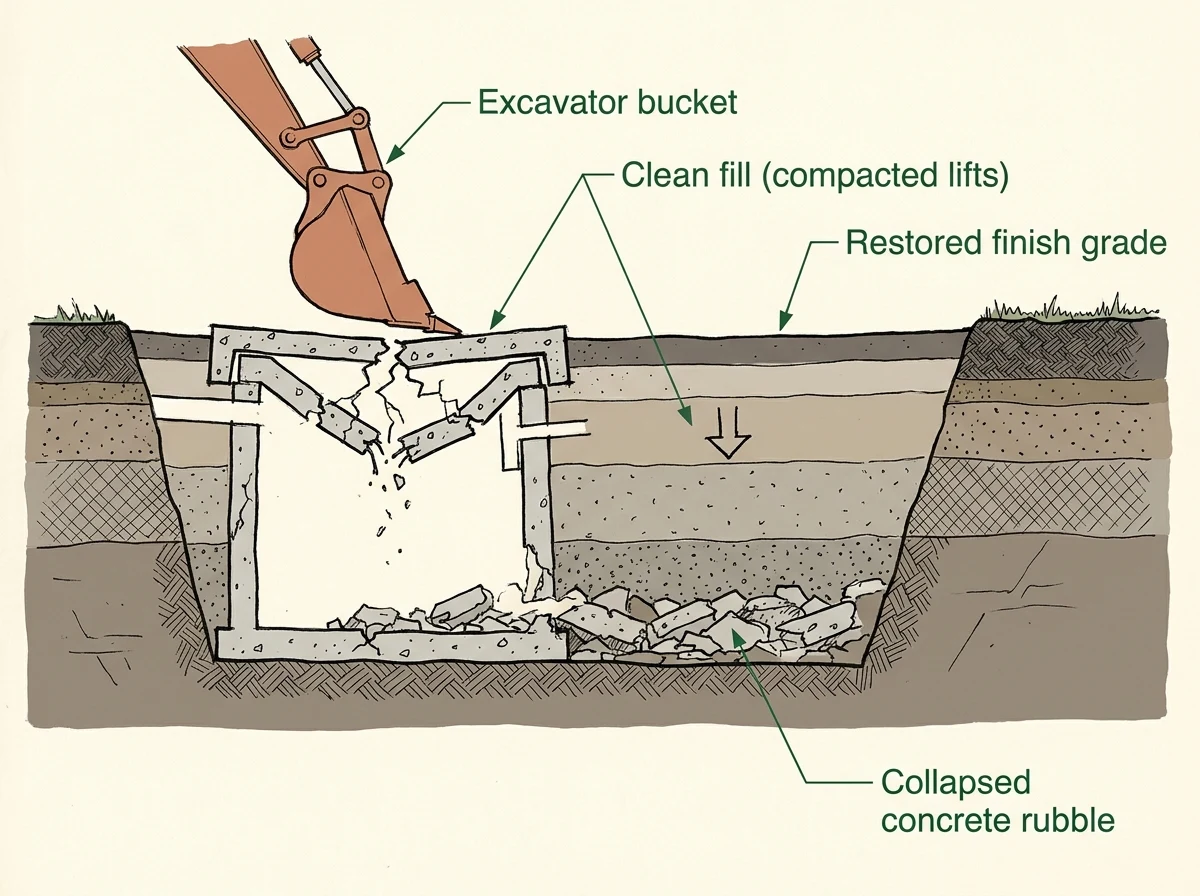 Cross-section schematic of the pump-and-crush septic tank decommissioning method: excavator bucket collapsing the concrete tank walls, rubble settling at the bottom of the pit, clean fill compacted in lifts above, and finish grade restored at top.