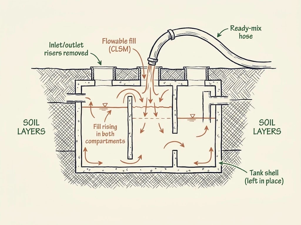 Cross-section schematic of the pump-and-fill septic tank decommissioning method: tank shell left intact underground, inlet and outlet risers removed, ready-mix hose pumping flowable fill (CLSM) slurry into both compartments simultaneously with fill level rising.