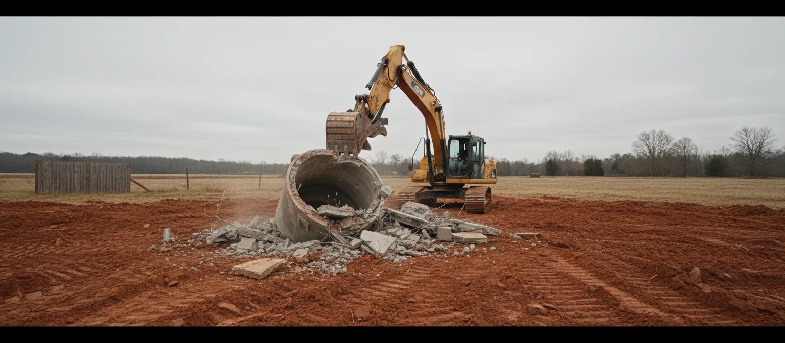 NC septic tank decommissioning -- excavator crushing old concrete tank before backfill