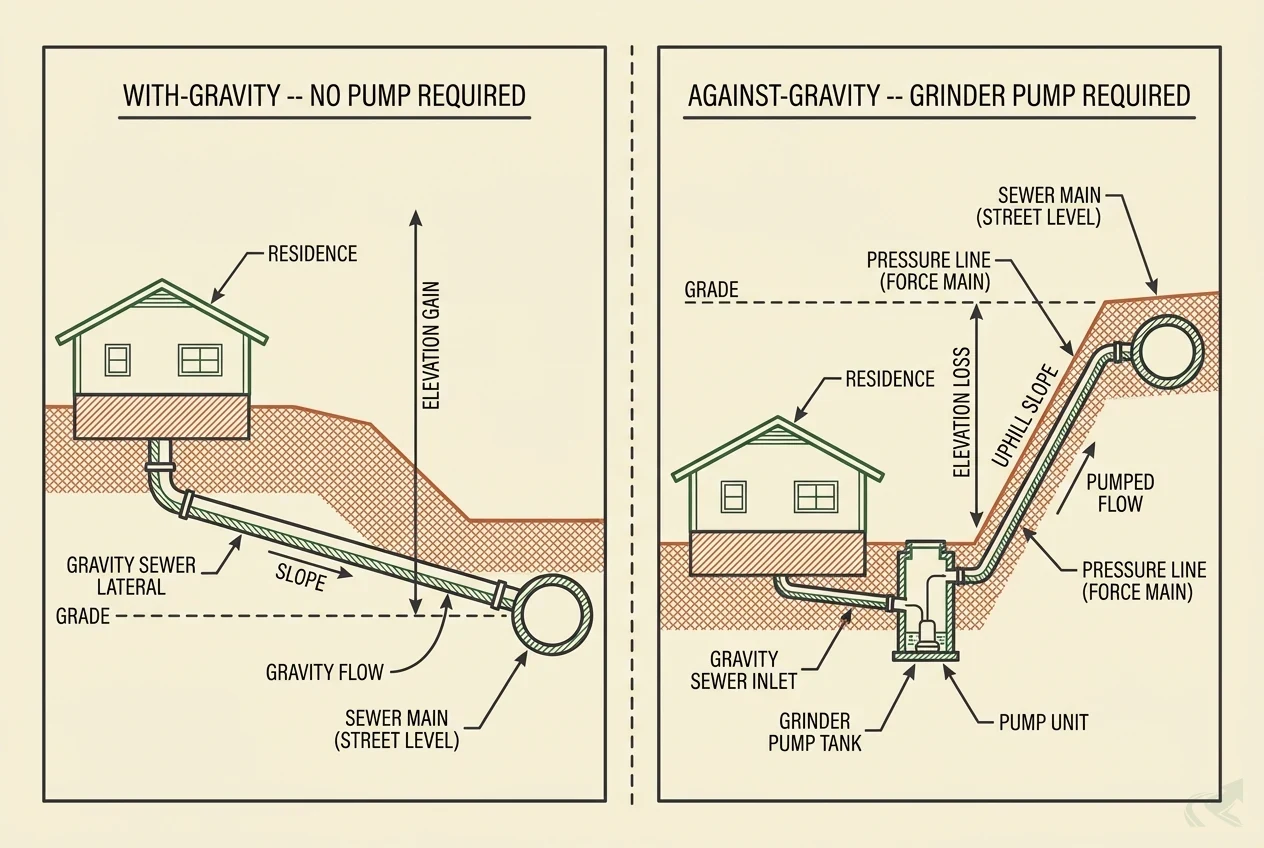 Two-panel diagram: the left panel shows a house above the sewer main with a gravity lateral sloping downhill (no pump required); the right panel shows a house below the sewer main with a grinder pump tank and a pressure line running uphill (grinder pump required).