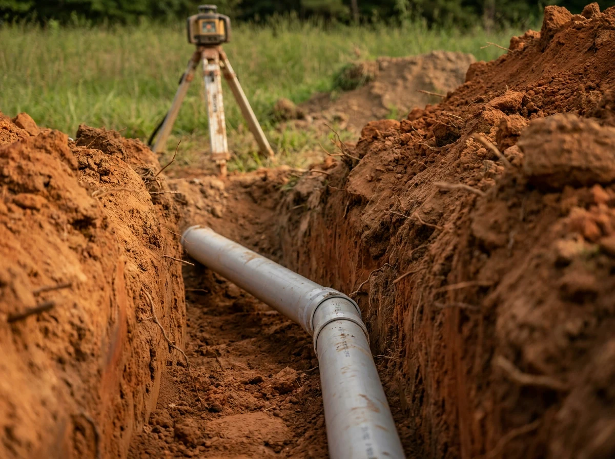 Open trench in red NC clay soil showing 4-inch PVC sewer pipe set at a downhill angle, with a laser level tripod visible in the background.