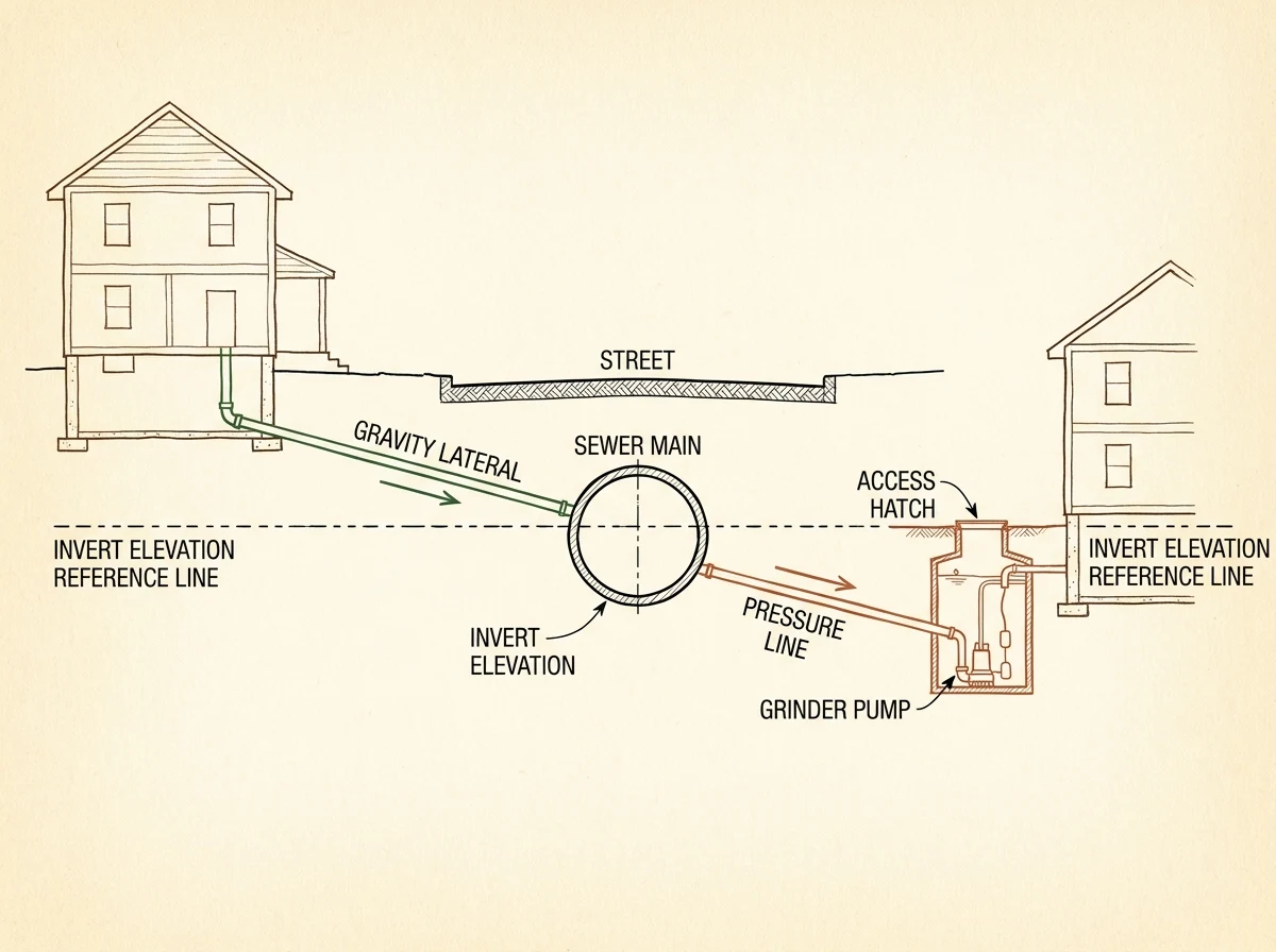 Cross-section schematic showing a sewer main beneath the street with the invert elevation labeled. The left house sits above the invert with a green gravity lateral sloping downhill to the main. The right house sits below the invert with a terracotta grinder pump tank buried in the yard and a pressure line running uphill to the main.
