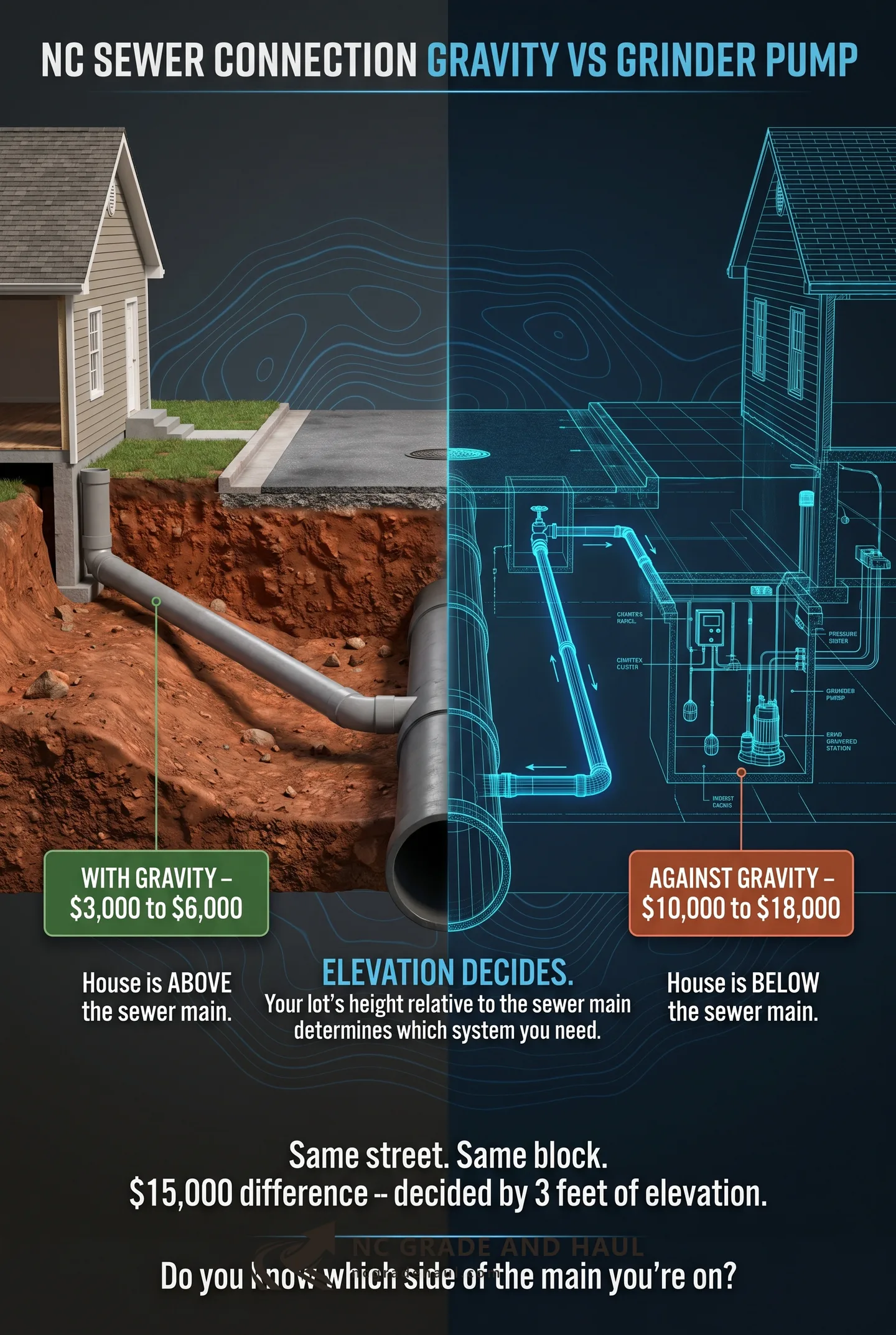 Does your NC home sit above or below the sewer main? How to map your elevation, what with-gravity vs against-gravity means for cost, and when a grinder pump becomes mandatory.
