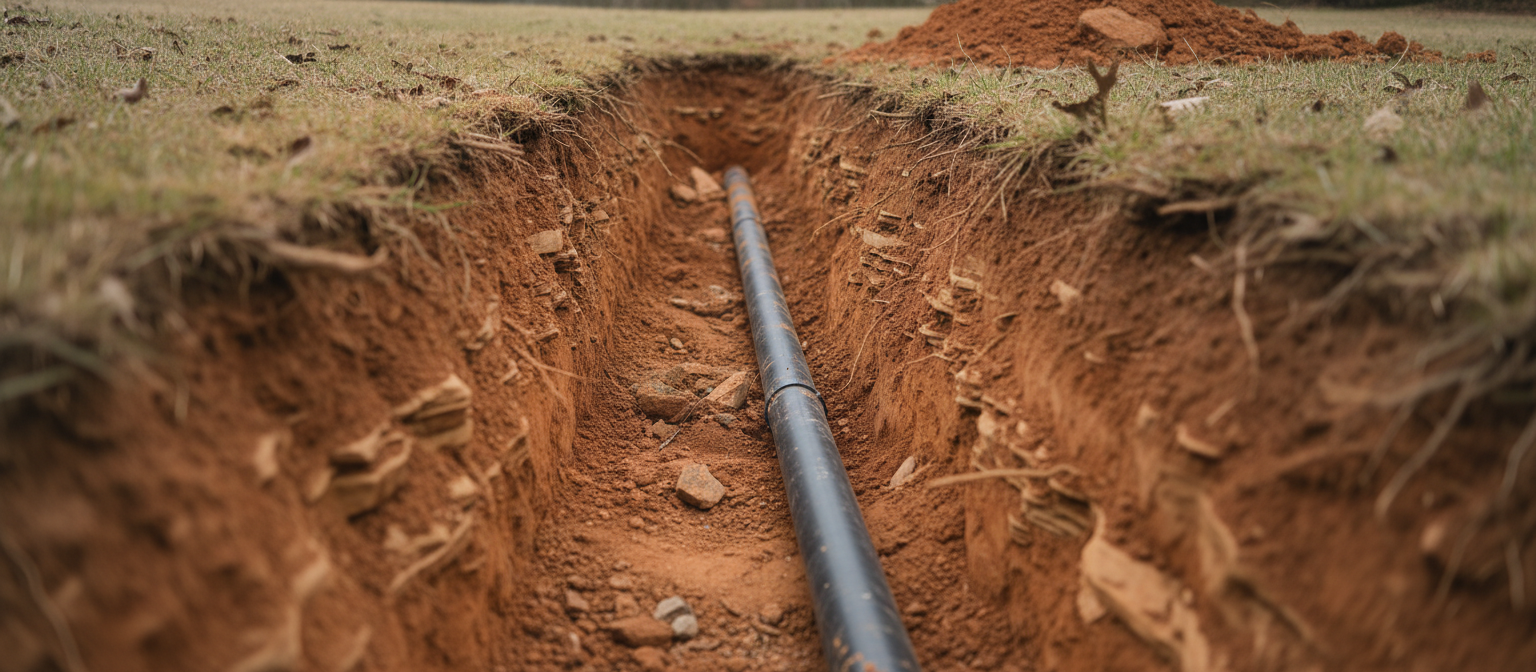 NC gravity sewer lateral trench with pipe on downhill slope through red clay walls