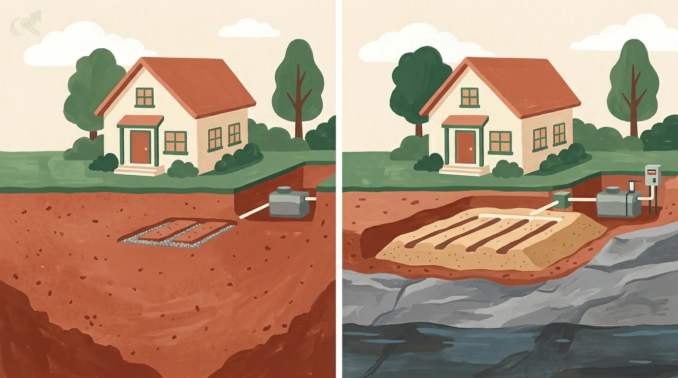 Illustration of two identical houses side by side. Under the left house, deep red soil holds a small, simple drain field. Under the right house, shallow soil sits on grey rock and a wet layer, so the system is a raised sand mound with a pump chamber and control box.