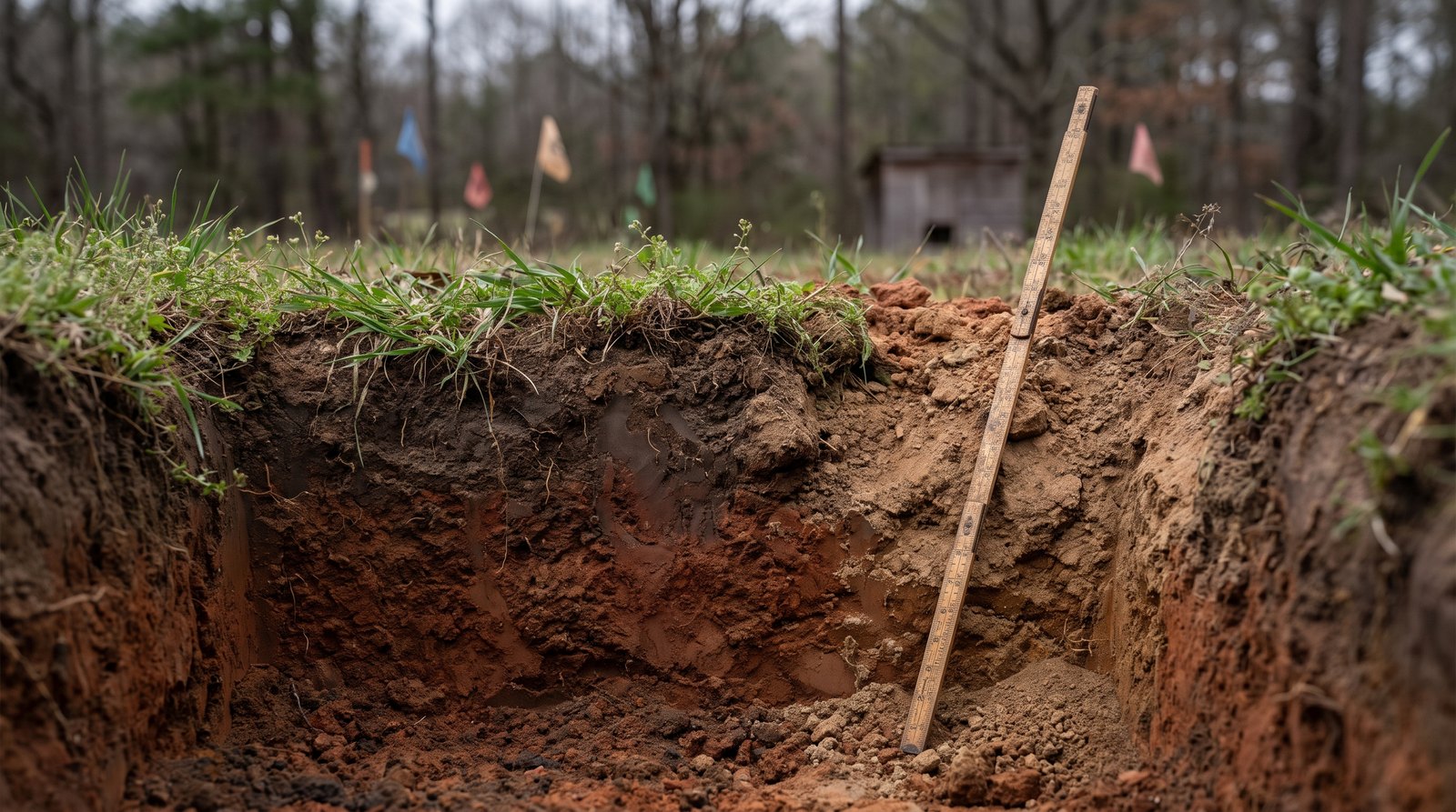 A freshly dug test pit on a wooded North Carolina lot, red clay and dark topsoil showing in the wall, a folding ruler leaning against it and small survey flags in the grass behind.