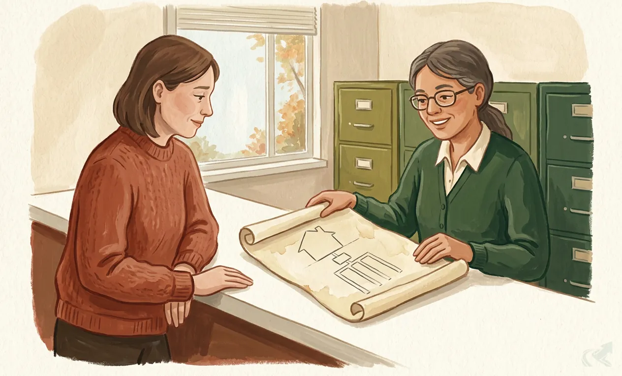 Illustration of a homeowner at a county health department counter, looking over an old septic permit layout drawing with a clerk, the drawing showing a house outline, a tank and drain field lines.