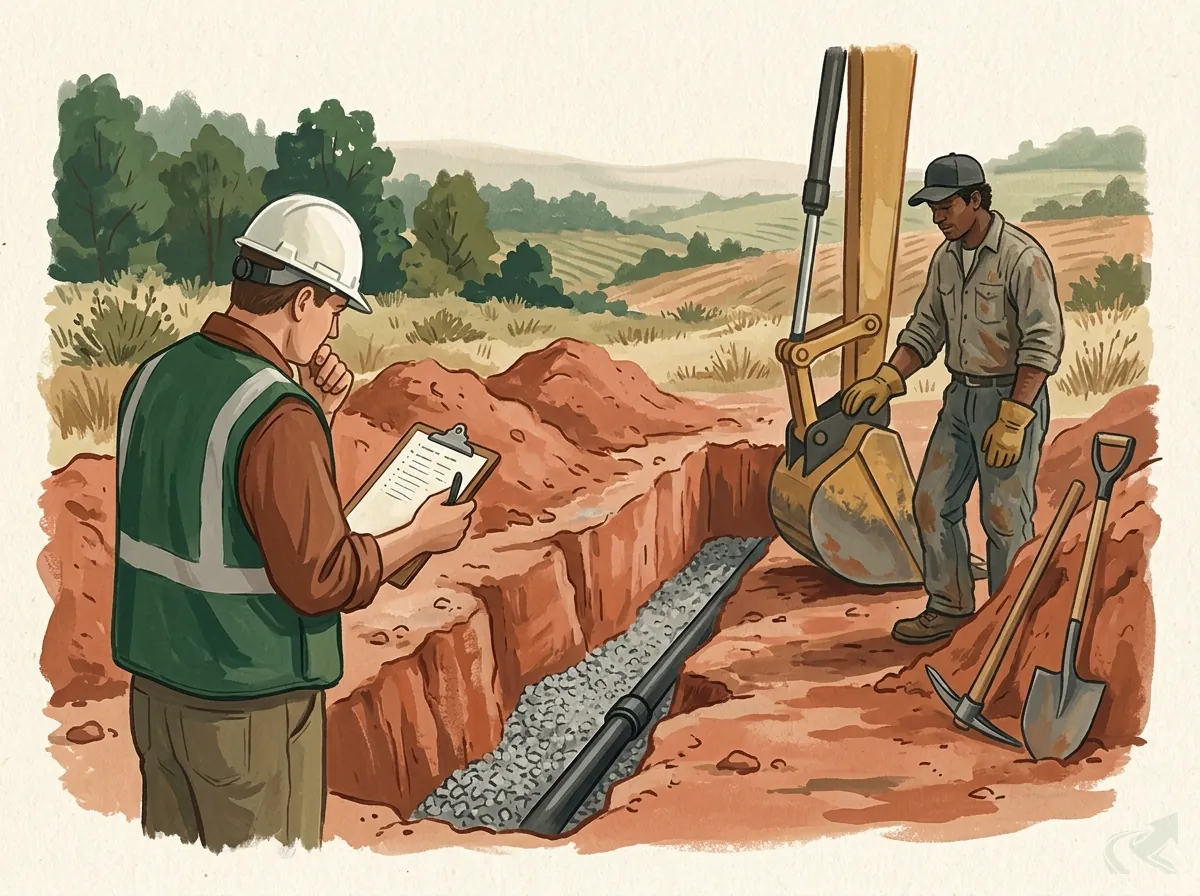 Illustration of a county inspector in a green safety vest studying a clipboard beside an open gravel-lined trench with a black pipe laid in it, while the installer waits next to a small excavator with its bucket resting on the ground. Nothing has been covered yet.