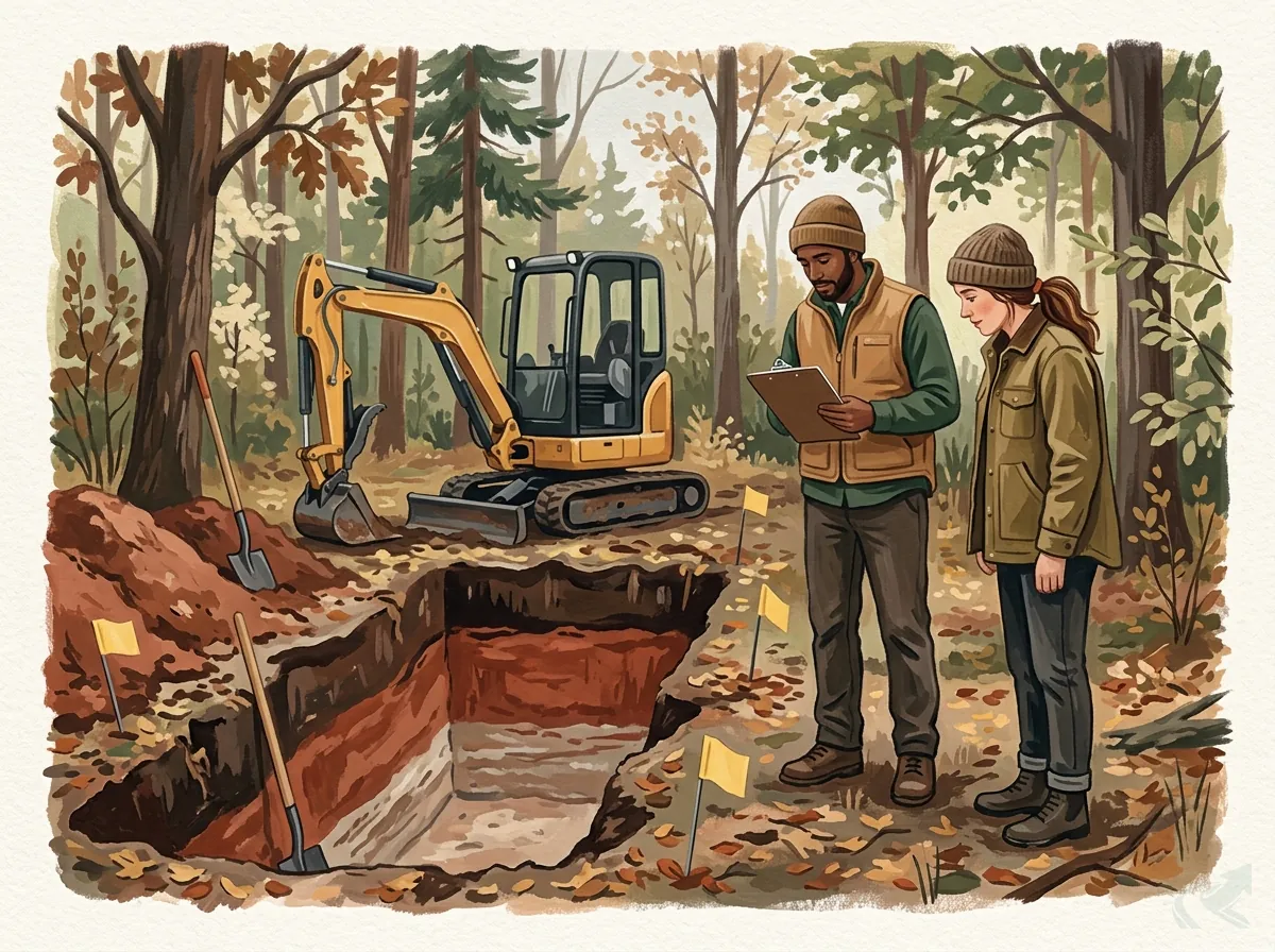 Illustration of a homeowner and a county environmental health specialist with a clipboard standing at the edge of a test pit on a wooded lot, the pit wall showing red clay over a paler streaky layer, a mini excavator and small yellow flags nearby.