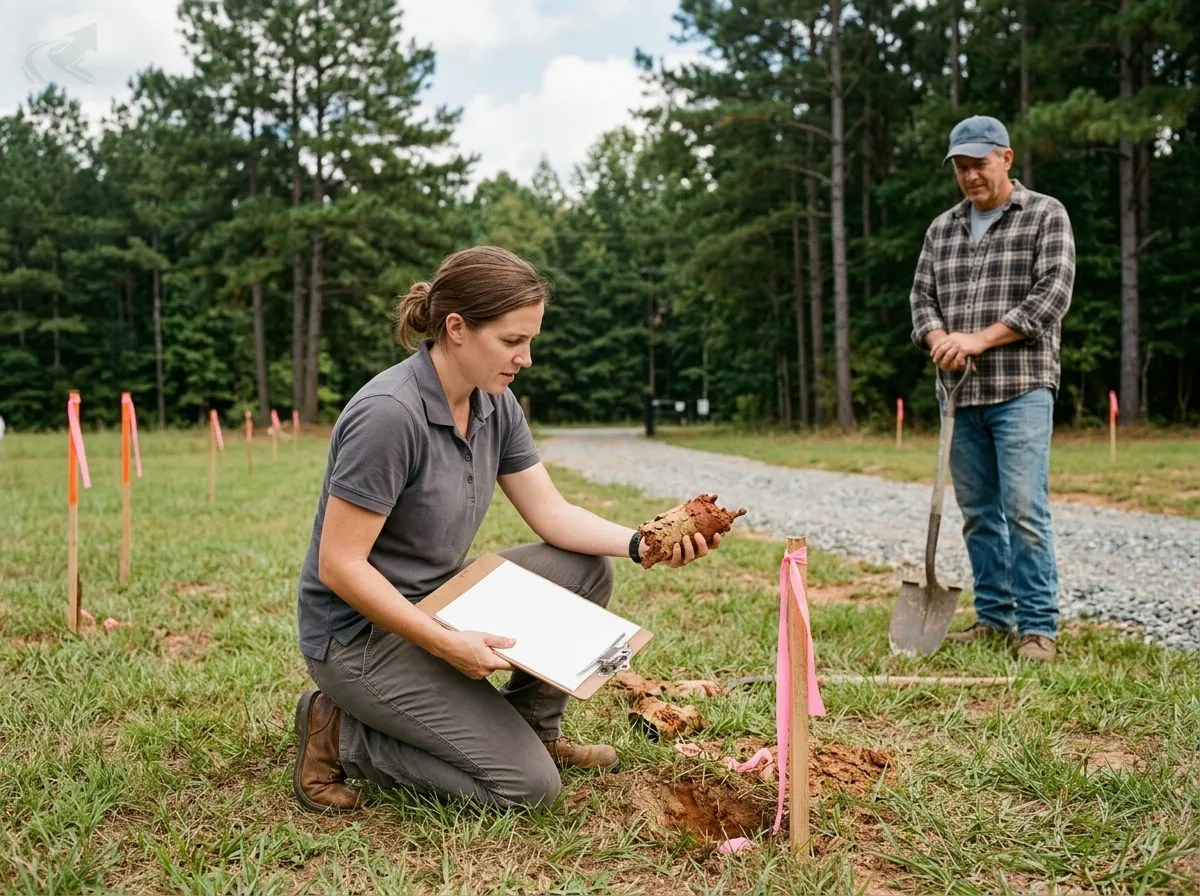 A county environmental health specialist kneels beside a small soil hole on a staked lot, examining a core of red clay while a property owner with a shovel looks on.