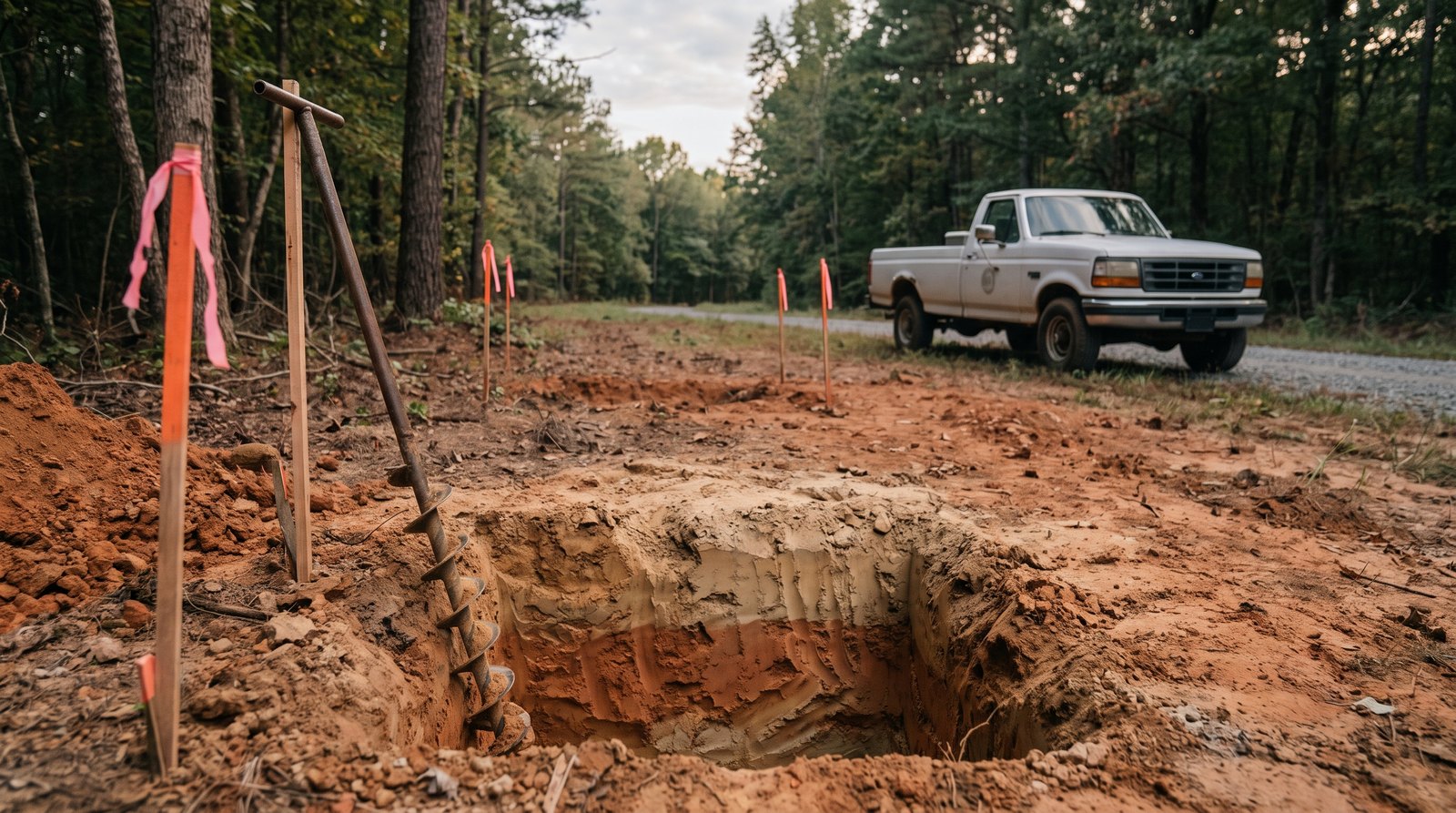A staked building lot of red North Carolina clay with orange survey stakes and pink flagging, a freshly dug soil test hole with a hand auger in it, and a plain white county truck parked on the gravel road behind.
