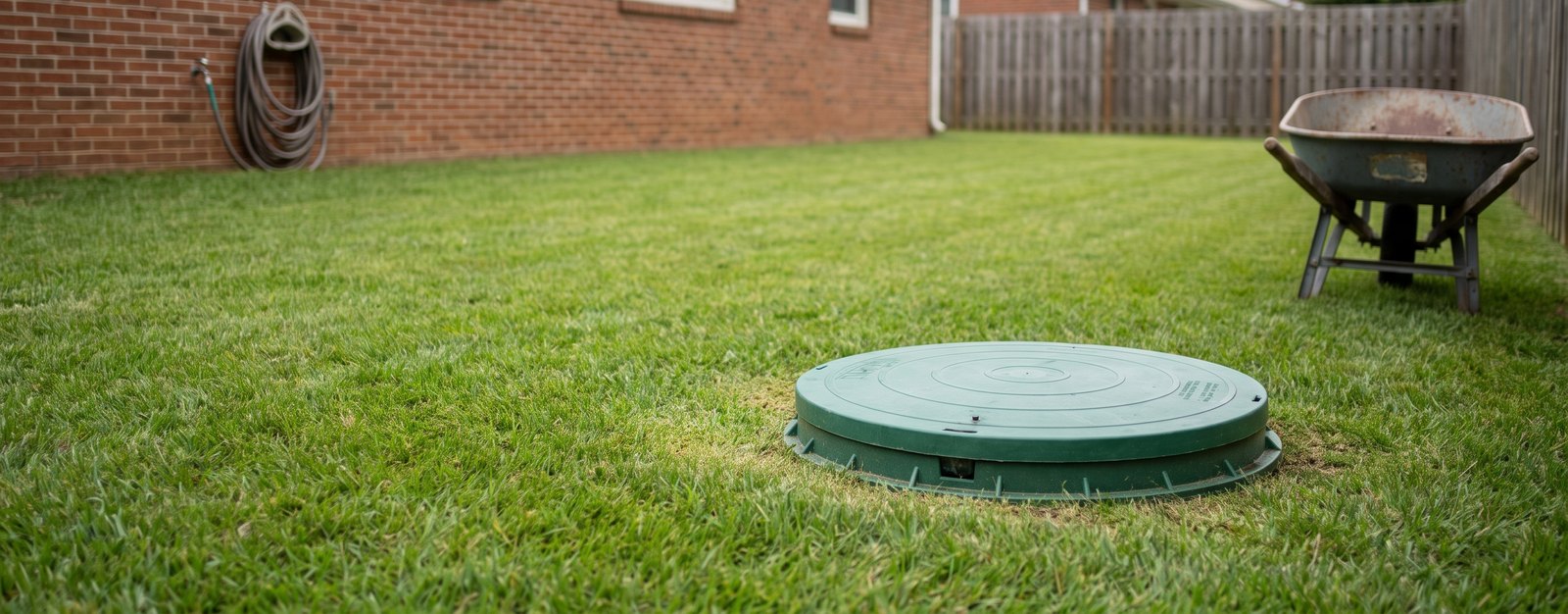 An ordinary North Carolina back yard behind a brick ranch house, with a closed green septic tank lid set flush in the lawn - the only sign of the system underneath.